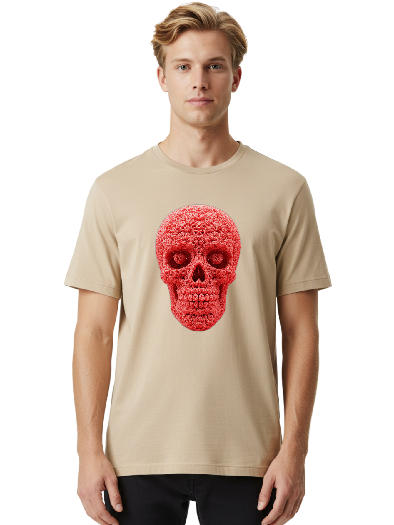 Red-Crochet-Skull Men'S Graphic Tee, 100% Cotton, Comfortable Casual Summer Wear, Machine Washable, Strawberry Skull, Red Fruit, Sugar Skull, Food Art, Creative Dessert, Skull Design, Vibrant Red Color, Unique Food Styling Bad484