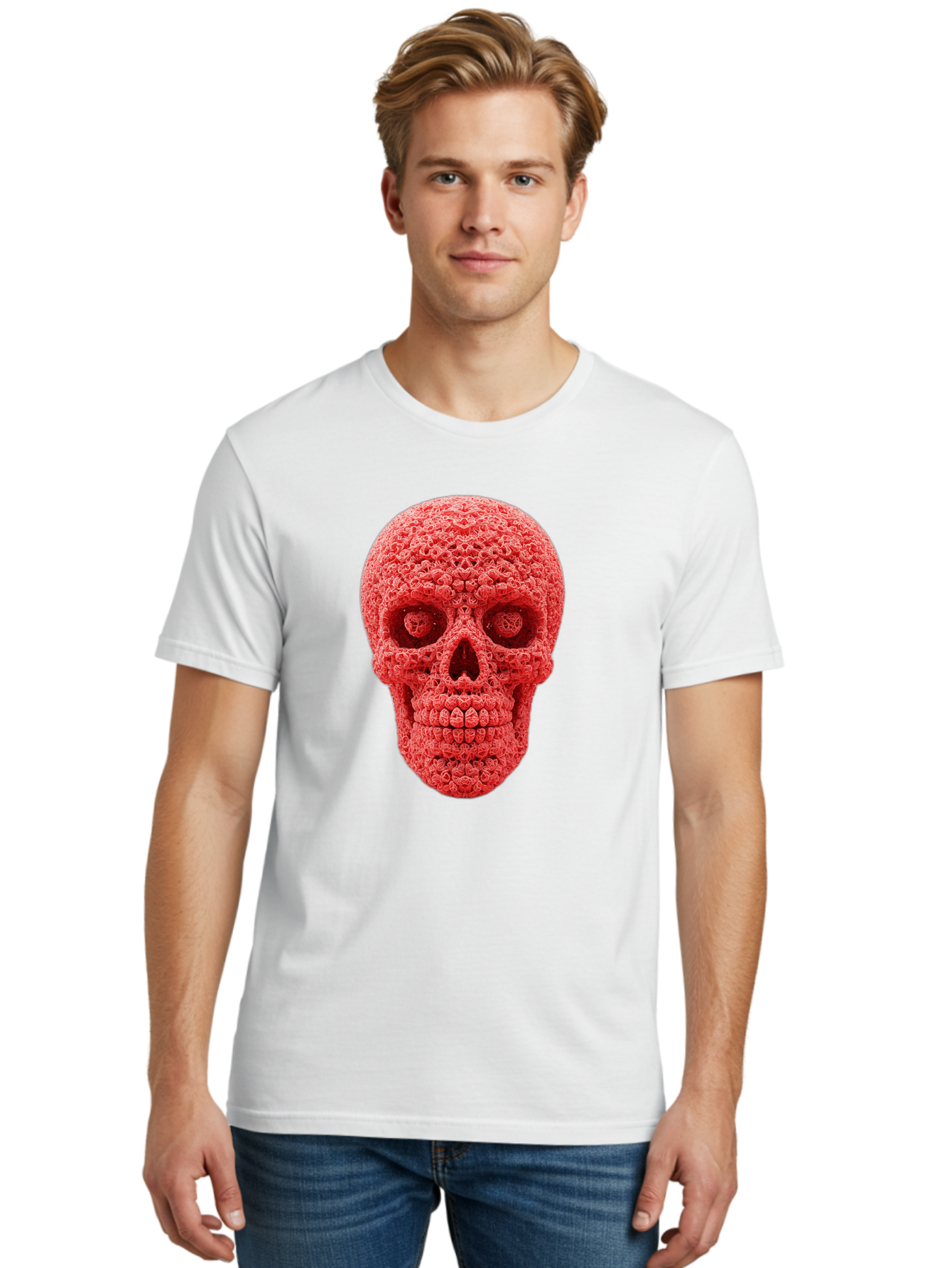 Red-Crochet-Skull Men'S Graphic Tee, 100% Cotton, Comfortable Casual Summer Wear, Machine Washable, Strawberry Skull, Red Fruit, Sugar Skull, Food Art, Creative Dessert, Skull Design, Vibrant Red Color, Unique Food Styling Bad484