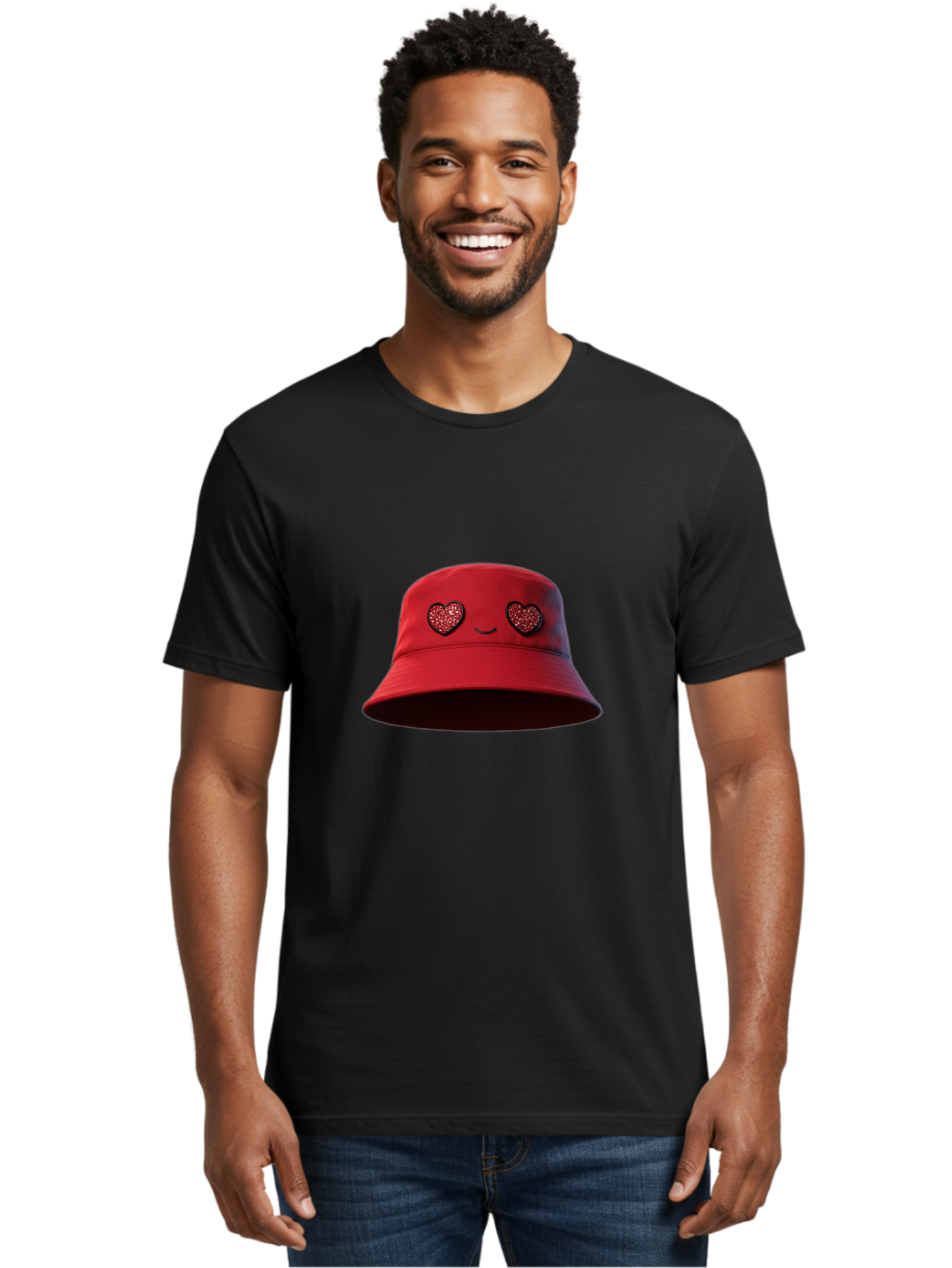 Red-Hat Men'S Graphic Tee, 100% Cotton, Comfortable Casual Summer Wear, Machine Washable, Red Bucket Hat, Heart Eyes, Smiley Face, Fashion Accessory, Streetwear, Casual Style, Hat With Heart Design, Trendy Headwear, Kawaii Fashion Bad485