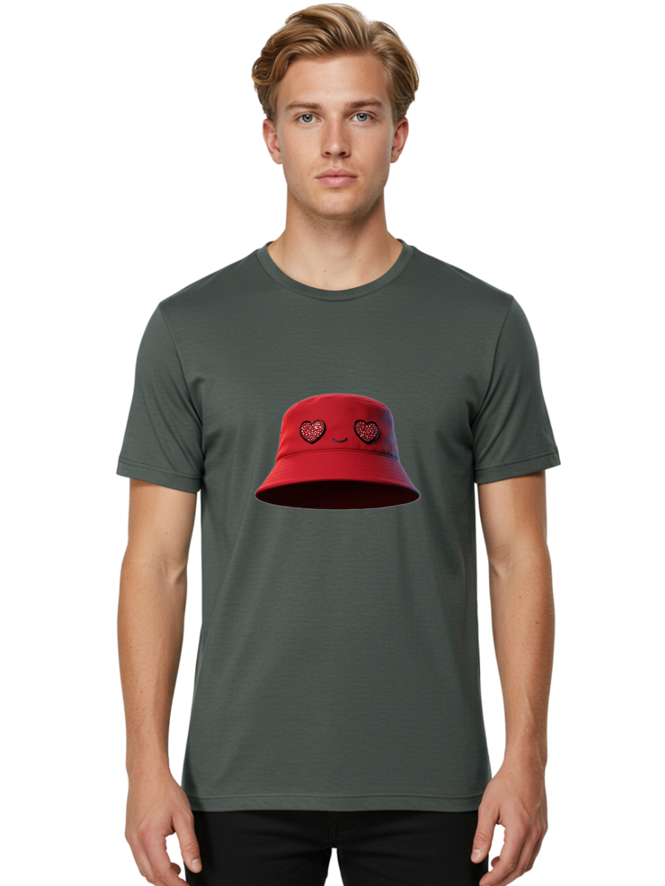 Red-Hat Men'S Graphic Tee, 100% Cotton, Comfortable Casual Summer Wear, Machine Washable, Red Bucket Hat, Heart Eyes, Smiley Face, Fashion Accessory, Streetwear, Casual Style, Hat With Heart Design, Trendy Headwear, Kawaii Fashion Bad485