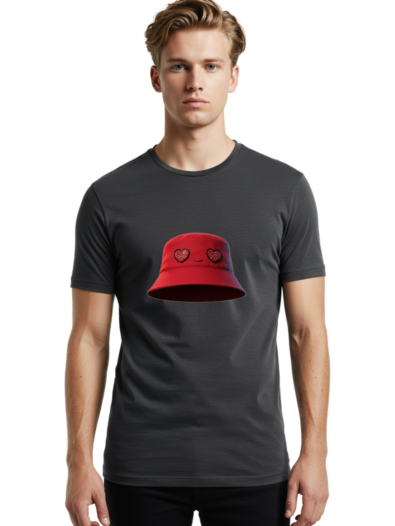 Red-Hat Men'S Graphic Tee, 100% Cotton, Comfortable Casual Summer Wear, Machine Washable, Red Bucket Hat, Heart Eyes, Smiley Face, Fashion Accessory, Streetwear, Casual Style, Hat With Heart Design, Trendy Headwear, Kawaii Fashion Bad485