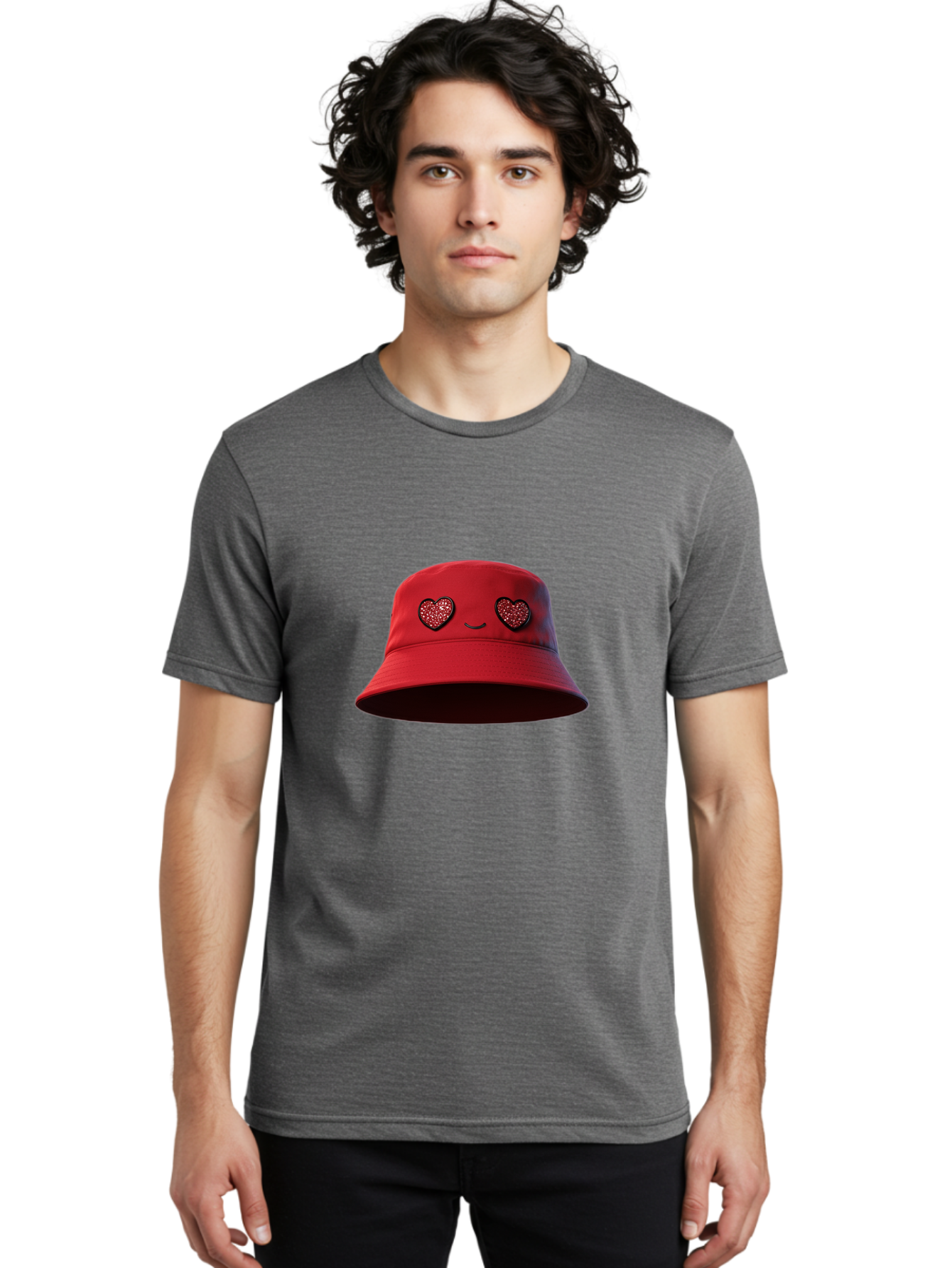 Red-Hat Men'S Graphic Tee, 100% Cotton, Comfortable Casual Summer Wear, Machine Washable, Red Bucket Hat, Heart Eyes, Smiley Face, Fashion Accessory, Streetwear, Casual Style, Hat With Heart Design, Trendy Headwear, Kawaii Fashion Bad485