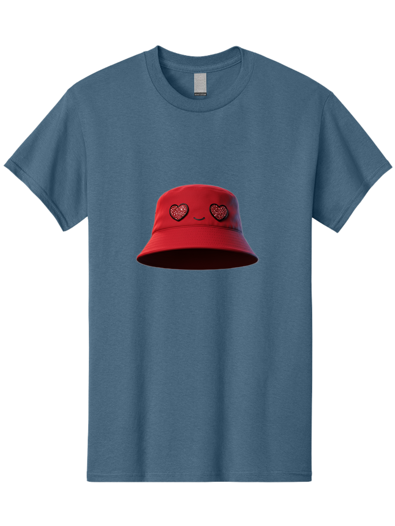 Red-Hat Men'S Graphic Tee, 100% Cotton, Comfortable Casual Summer Wear, Machine Washable, Red Bucket Hat, Heart Eyes, Smiley Face, Fashion Accessory, Streetwear, Casual Style, Hat With Heart Design, Trendy Headwear, Kawaii Fashion Bad485