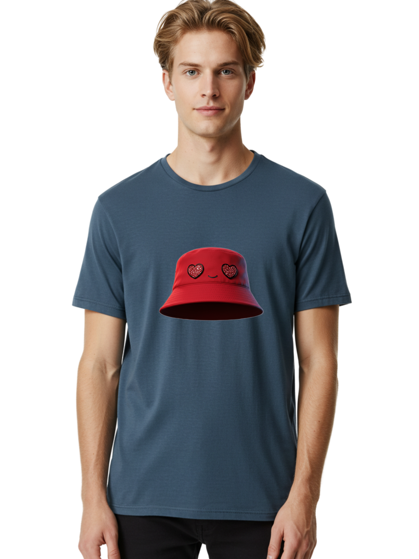 Red-Hat Men'S Graphic Tee, 100% Cotton, Comfortable Casual Summer Wear, Machine Washable, Red Bucket Hat, Heart Eyes, Smiley Face, Fashion Accessory, Streetwear, Casual Style, Hat With Heart Design, Trendy Headwear, Kawaii Fashion Bad485