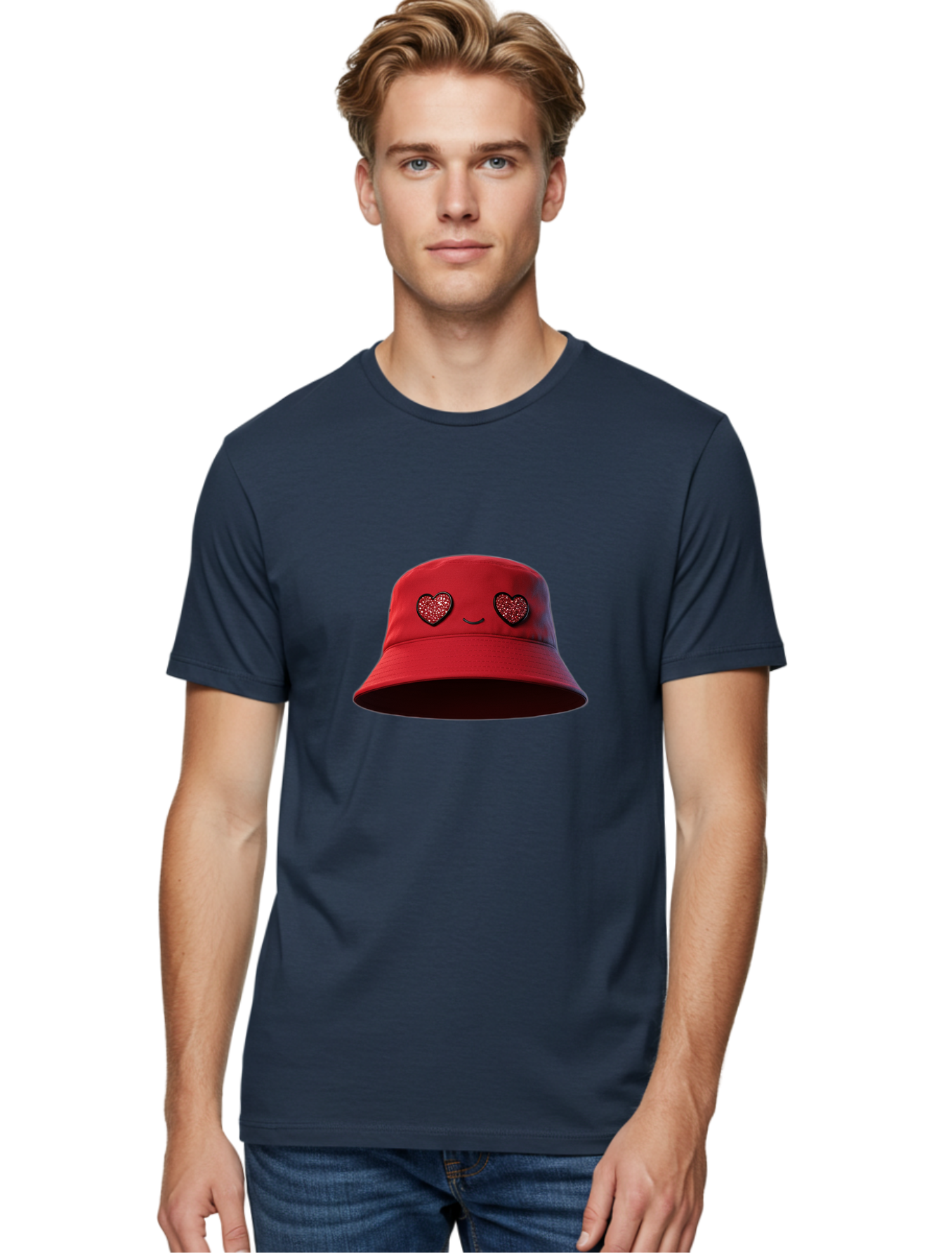 Red-Hat Men'S Graphic Tee, 100% Cotton, Comfortable Casual Summer Wear, Machine Washable, Red Bucket Hat, Heart Eyes, Smiley Face, Fashion Accessory, Streetwear, Casual Style, Hat With Heart Design, Trendy Headwear, Kawaii Fashion Bad485