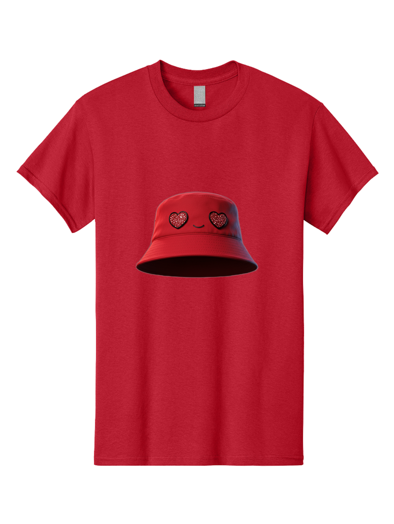 Red-Hat Men'S Graphic Tee, 100% Cotton, Comfortable Casual Summer Wear, Machine Washable, Red Bucket Hat, Heart Eyes, Smiley Face, Fashion Accessory, Streetwear, Casual Style, Hat With Heart Design, Trendy Headwear, Kawaii Fashion Bad485
