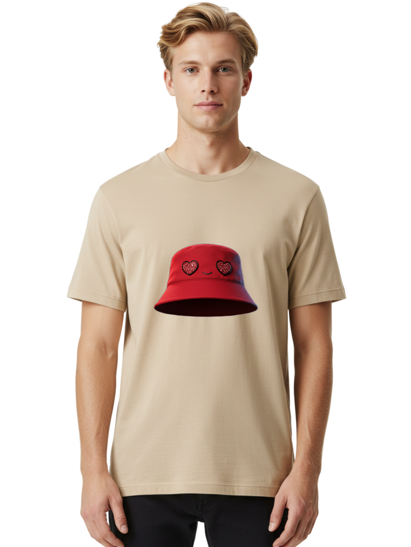Red-Hat Men'S Graphic Tee, 100% Cotton, Comfortable Casual Summer Wear, Machine Washable, Red Bucket Hat, Heart Eyes, Smiley Face, Fashion Accessory, Streetwear, Casual Style, Hat With Heart Design, Trendy Headwear, Kawaii Fashion Bad485