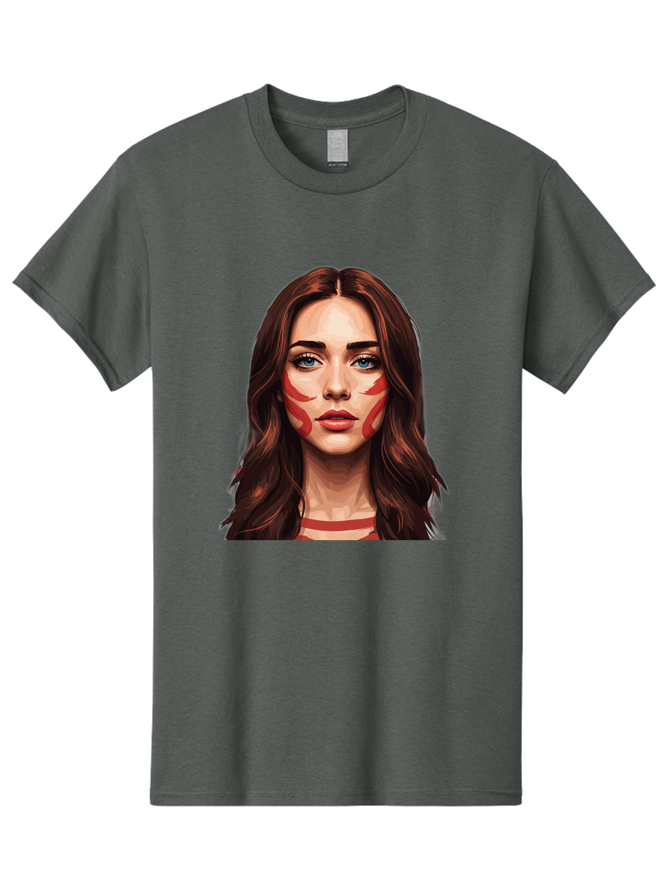 Red-Warrior-Woman Men'S Graphic Tee, 100% Cotton, Comfortable Casual Summer Wear, Machine Washable, Digital Art, Portrait Of A Woman, Red Stripes On Face, Blue Eyes, Long Brown Hair, Red Choker, Bold Makeup, Artistic Expression, Bad487