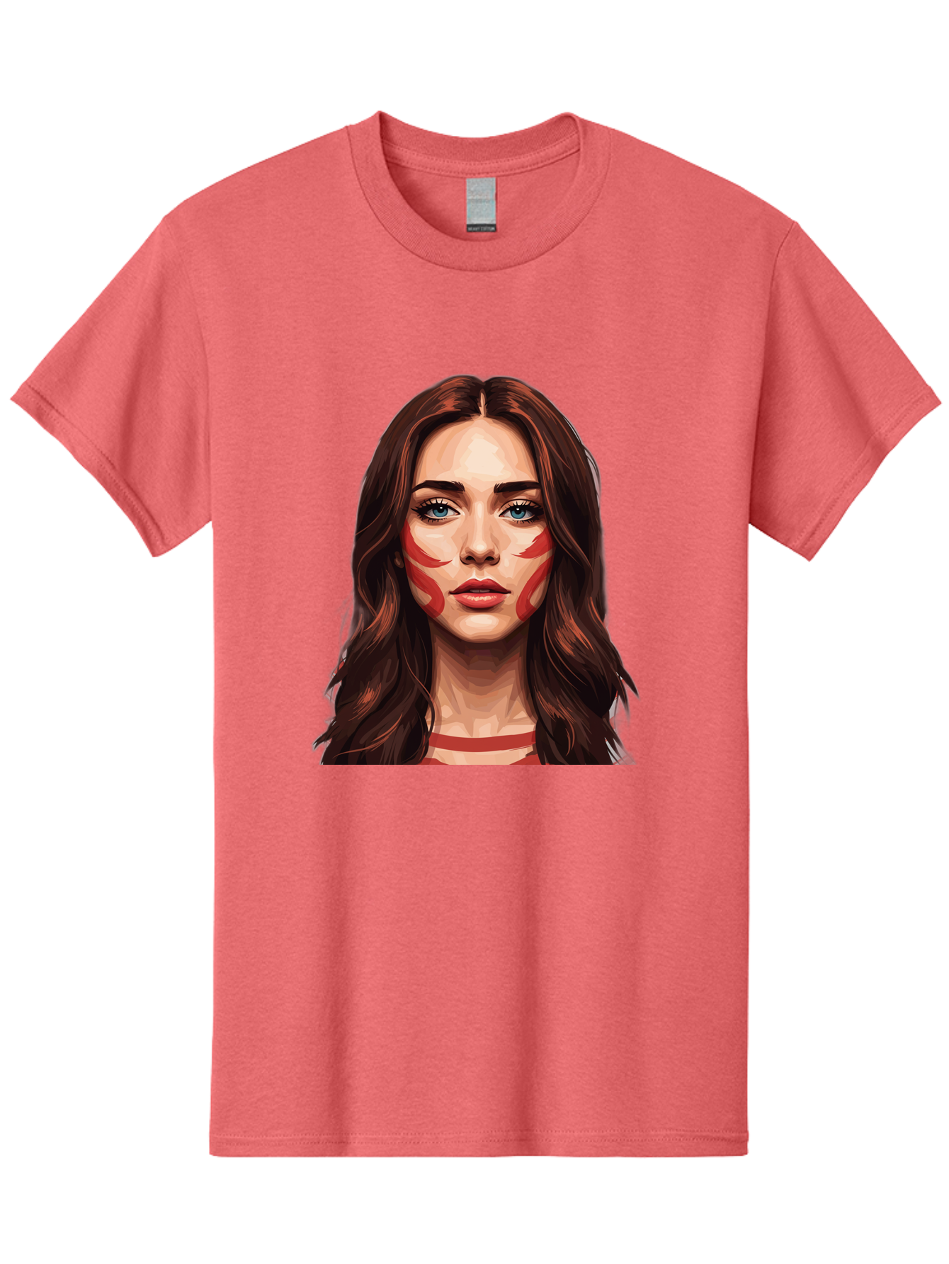 Red-Warrior-Woman Men'S Graphic Tee, 100% Cotton, Comfortable Casual Summer Wear, Machine Washable, Digital Art, Portrait Of A Woman, Red Stripes On Face, Blue Eyes, Long Brown Hair, Red Choker, Bold Makeup, Artistic Expression, Bad487
