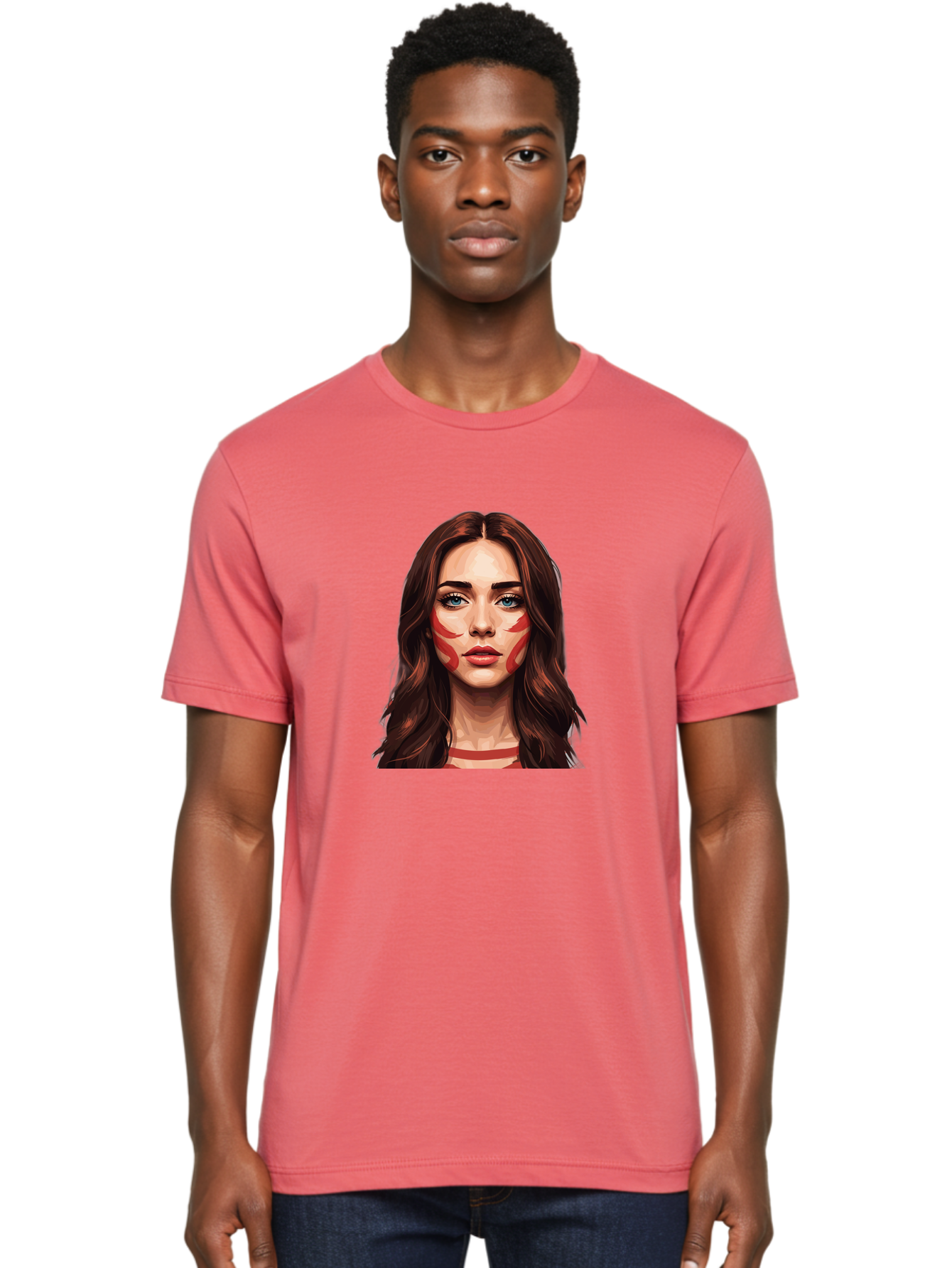 Red-Warrior-Woman Men'S Graphic Tee, 100% Cotton, Comfortable Casual Summer Wear, Machine Washable, Digital Art, Portrait Of A Woman, Red Stripes On Face, Blue Eyes, Long Brown Hair, Red Choker, Bold Makeup, Artistic Expression, Bad487