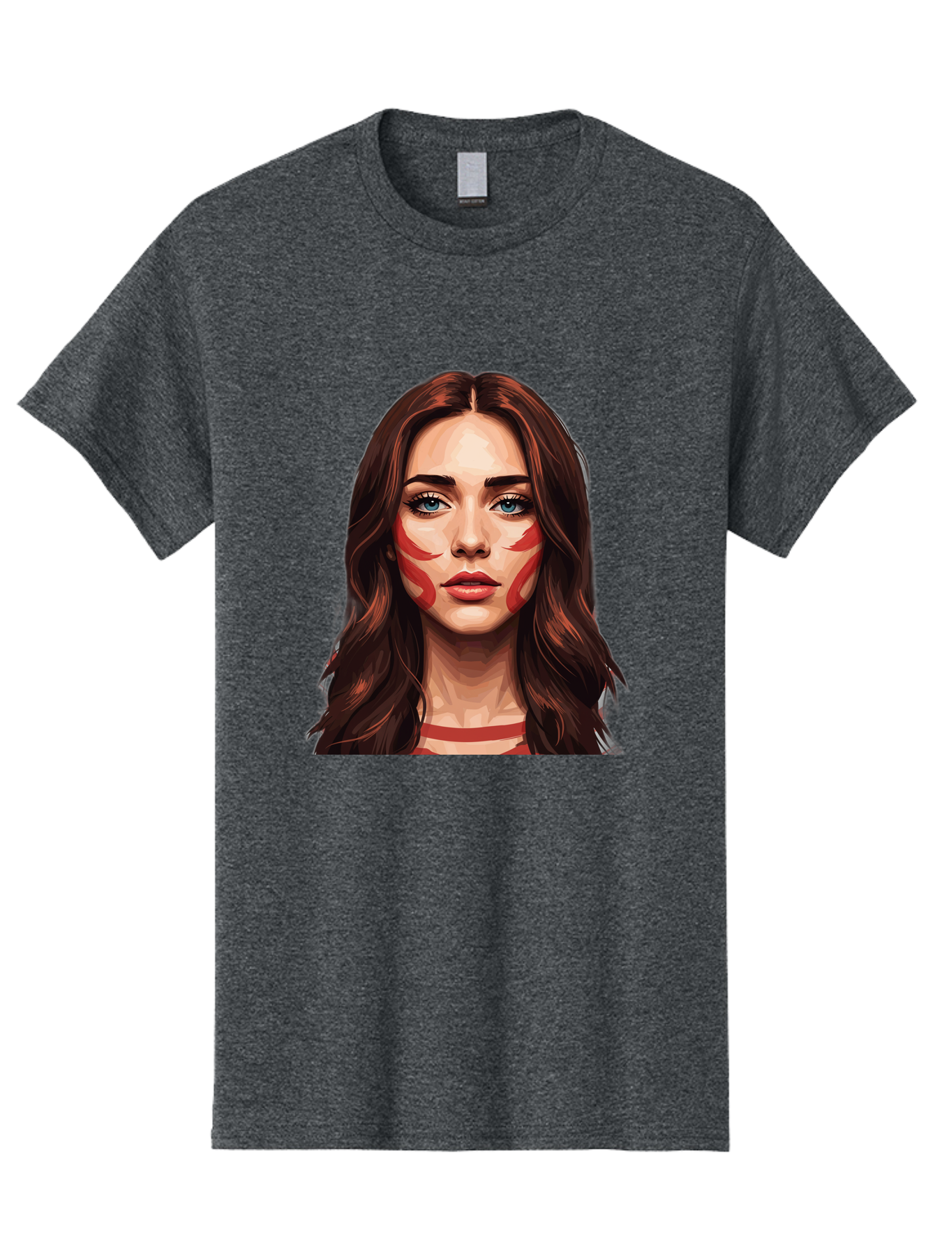 Red-Warrior-Woman Men'S Graphic Tee, 100% Cotton, Comfortable Casual Summer Wear, Machine Washable, Digital Art, Portrait Of A Woman, Red Stripes On Face, Blue Eyes, Long Brown Hair, Red Choker, Bold Makeup, Artistic Expression, Bad487
