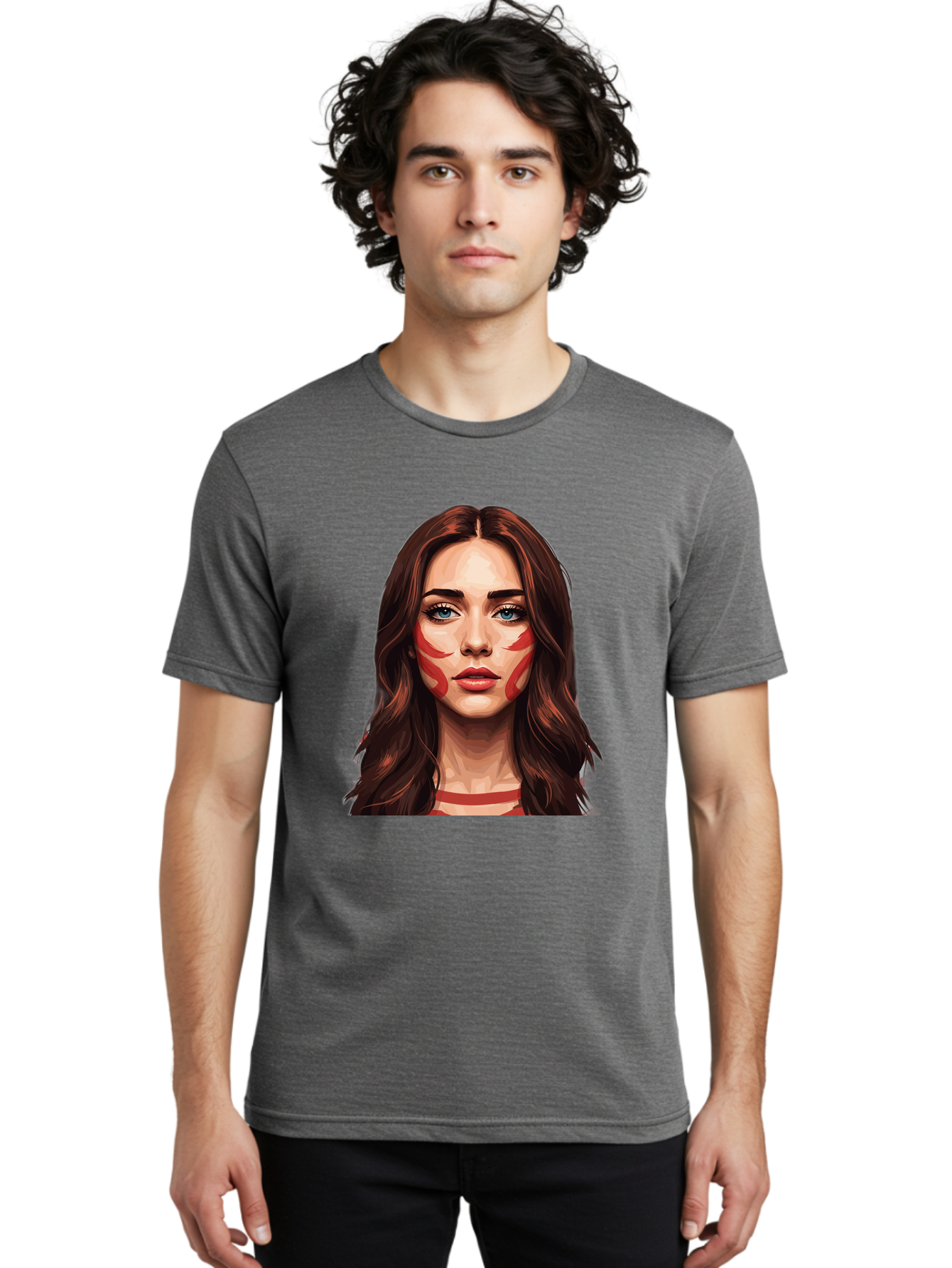 Red-Warrior-Woman Men'S Graphic Tee, 100% Cotton, Comfortable Casual Summer Wear, Machine Washable, Digital Art, Portrait Of A Woman, Red Stripes On Face, Blue Eyes, Long Brown Hair, Red Choker, Bold Makeup, Artistic Expression, Bad487