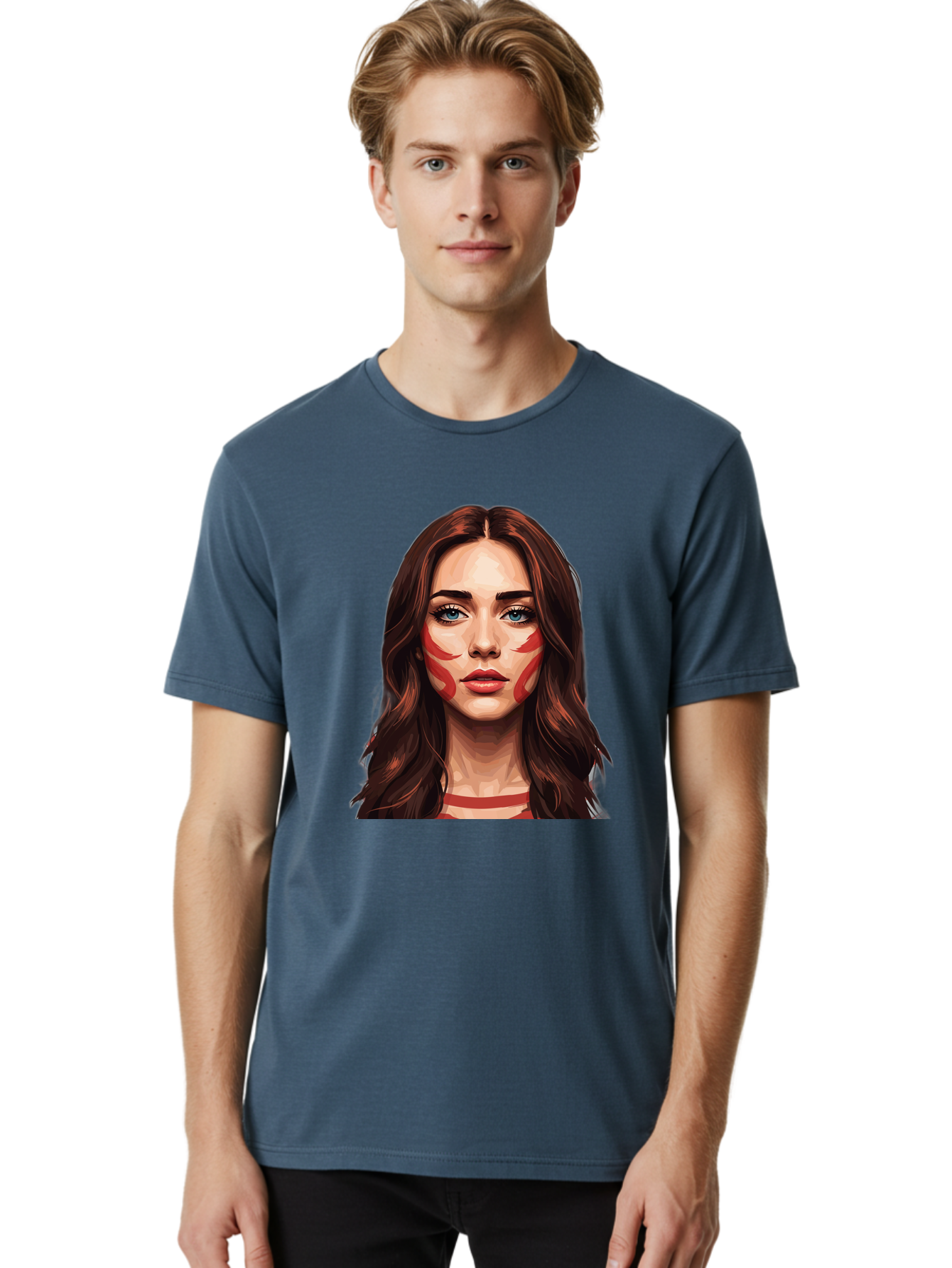 Red-Warrior-Woman Men'S Graphic Tee, 100% Cotton, Comfortable Casual Summer Wear, Machine Washable, Digital Art, Portrait Of A Woman, Red Stripes On Face, Blue Eyes, Long Brown Hair, Red Choker, Bold Makeup, Artistic Expression, Bad487