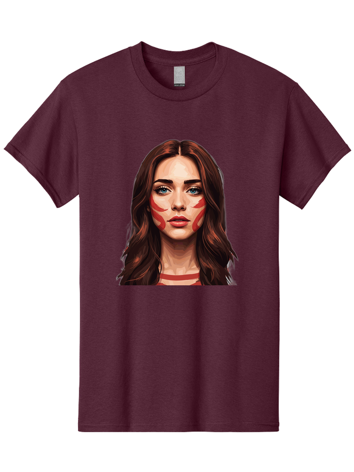 Red-Warrior-Woman Men'S Graphic Tee, 100% Cotton, Comfortable Casual Summer Wear, Machine Washable, Digital Art, Portrait Of A Woman, Red Stripes On Face, Blue Eyes, Long Brown Hair, Red Choker, Bold Makeup, Artistic Expression, Bad487