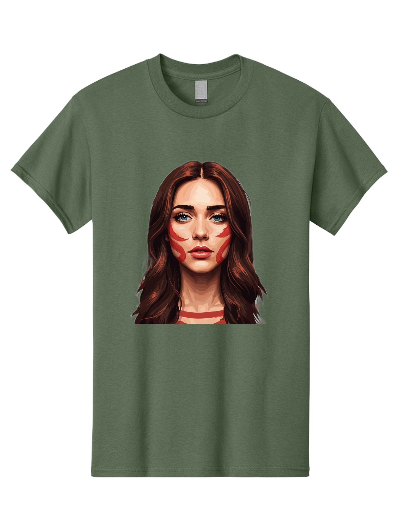 Red-Warrior-Woman Men'S Graphic Tee, 100% Cotton, Comfortable Casual Summer Wear, Machine Washable, Digital Art, Portrait Of A Woman, Red Stripes On Face, Blue Eyes, Long Brown Hair, Red Choker, Bold Makeup, Artistic Expression, Bad487