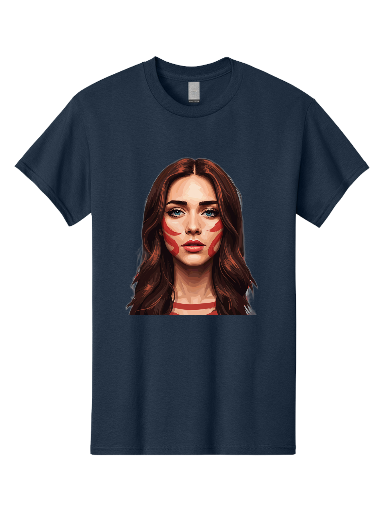 Red-Warrior-Woman Men'S Graphic Tee, 100% Cotton, Comfortable Casual Summer Wear, Machine Washable, Digital Art, Portrait Of A Woman, Red Stripes On Face, Blue Eyes, Long Brown Hair, Red Choker, Bold Makeup, Artistic Expression, Bad487