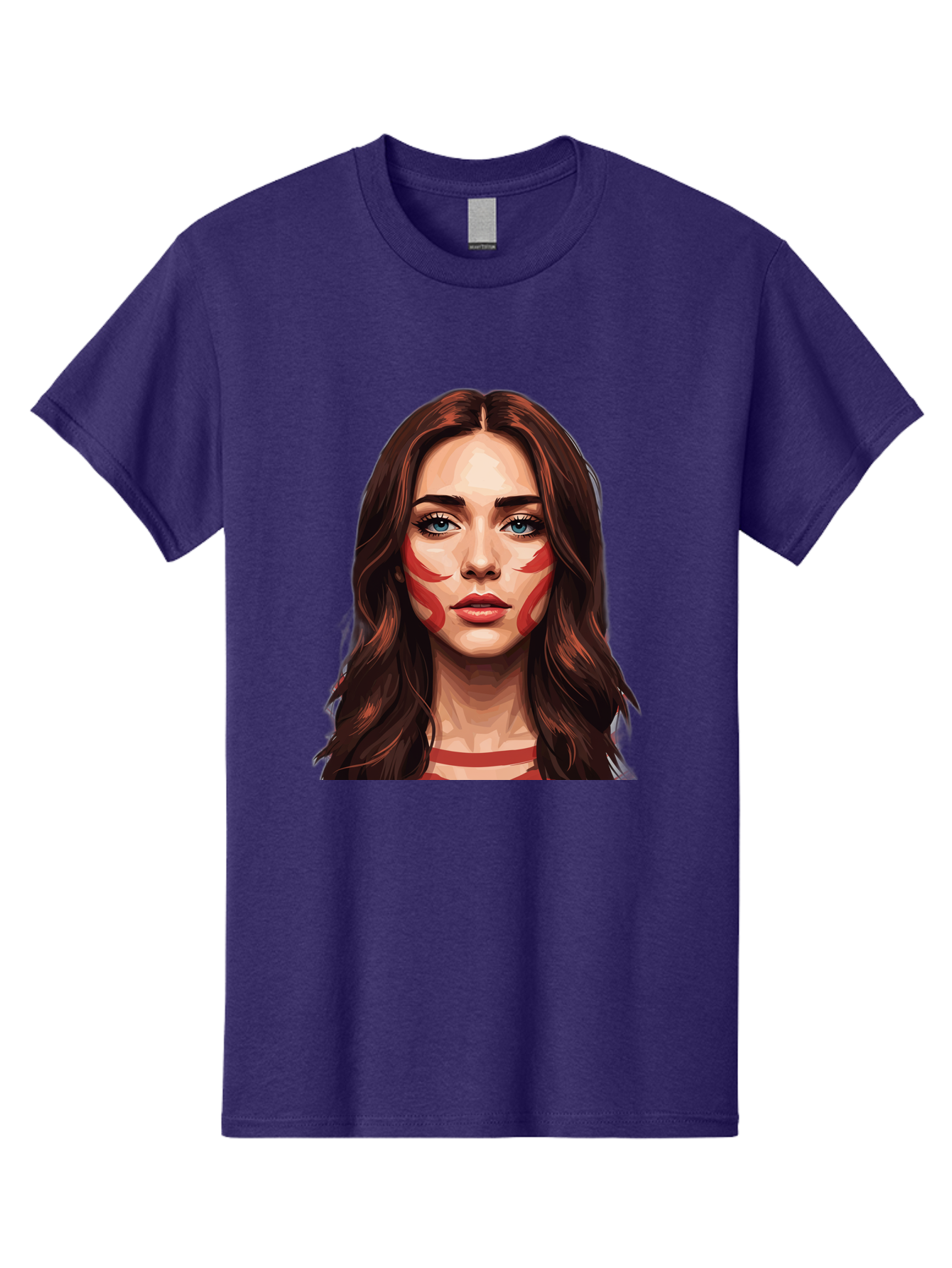 Red-Warrior-Woman Men'S Graphic Tee, 100% Cotton, Comfortable Casual Summer Wear, Machine Washable, Digital Art, Portrait Of A Woman, Red Stripes On Face, Blue Eyes, Long Brown Hair, Red Choker, Bold Makeup, Artistic Expression, Bad487