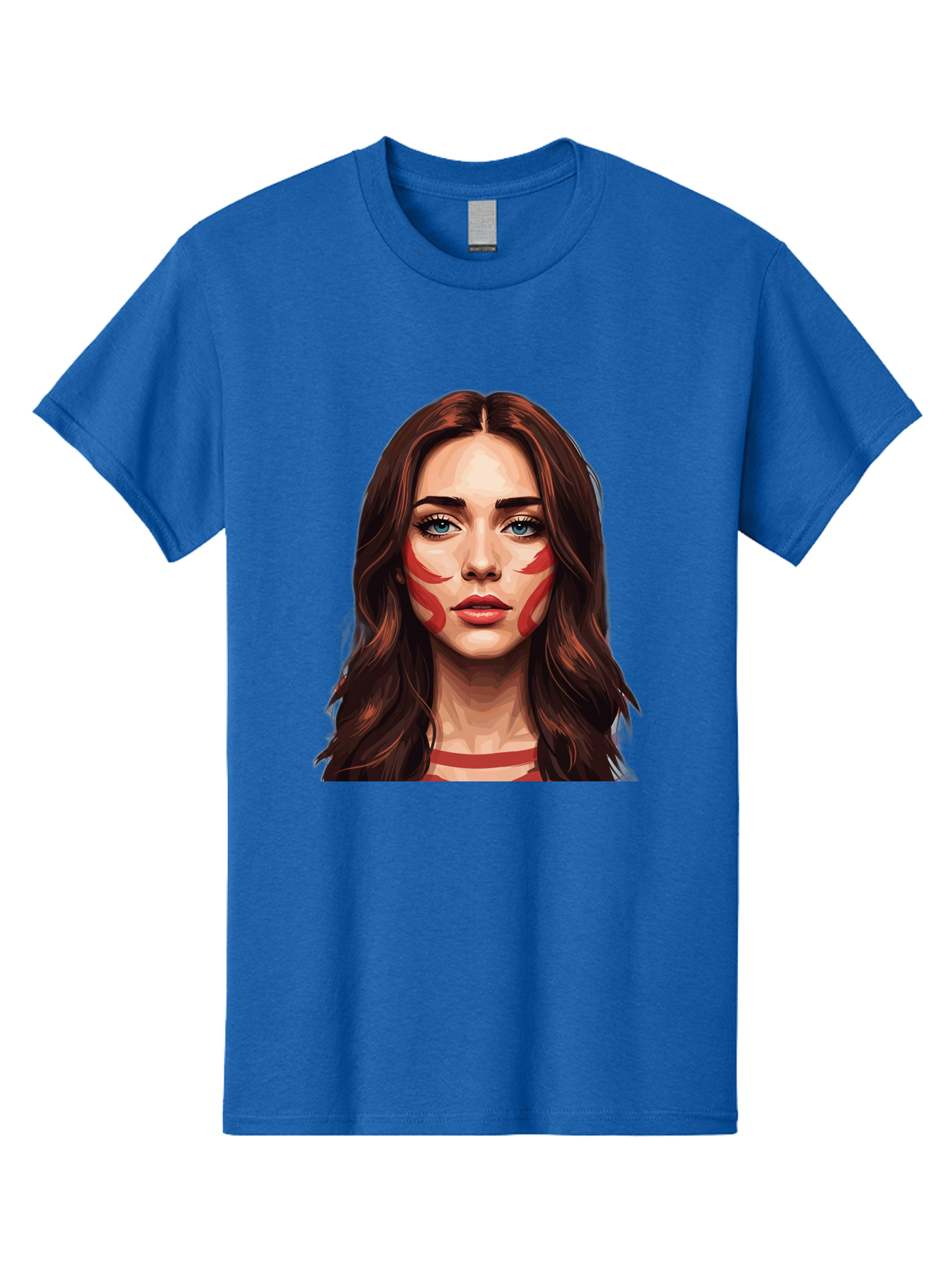 Red-Warrior-Woman Men'S Graphic Tee, 100% Cotton, Comfortable Casual Summer Wear, Machine Washable, Digital Art, Portrait Of A Woman, Red Stripes On Face, Blue Eyes, Long Brown Hair, Red Choker, Bold Makeup, Artistic Expression, Bad487