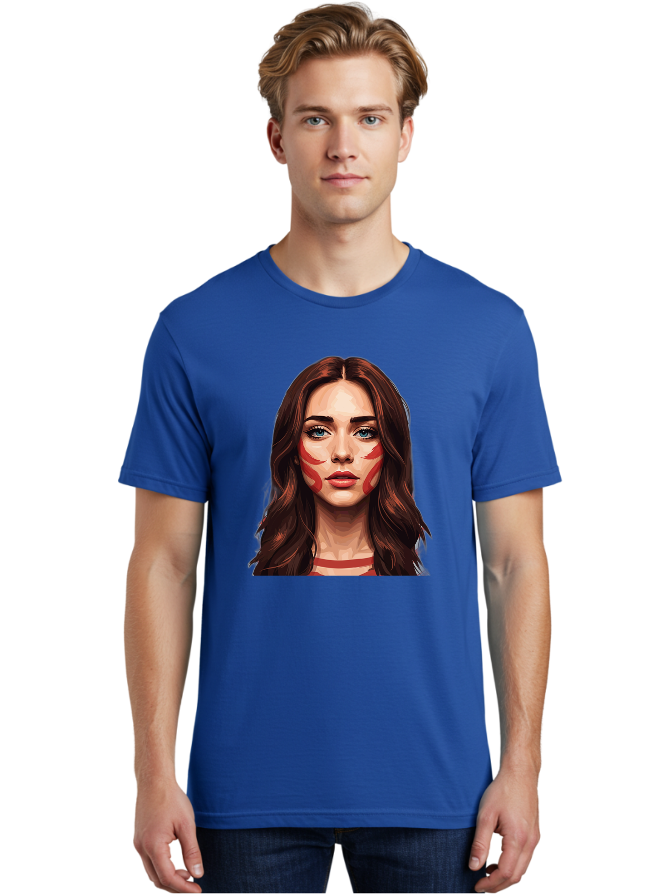 Red-Warrior-Woman Men'S Graphic Tee, 100% Cotton, Comfortable Casual Summer Wear, Machine Washable, Digital Art, Portrait Of A Woman, Red Stripes On Face, Blue Eyes, Long Brown Hair, Red Choker, Bold Makeup, Artistic Expression, Bad487