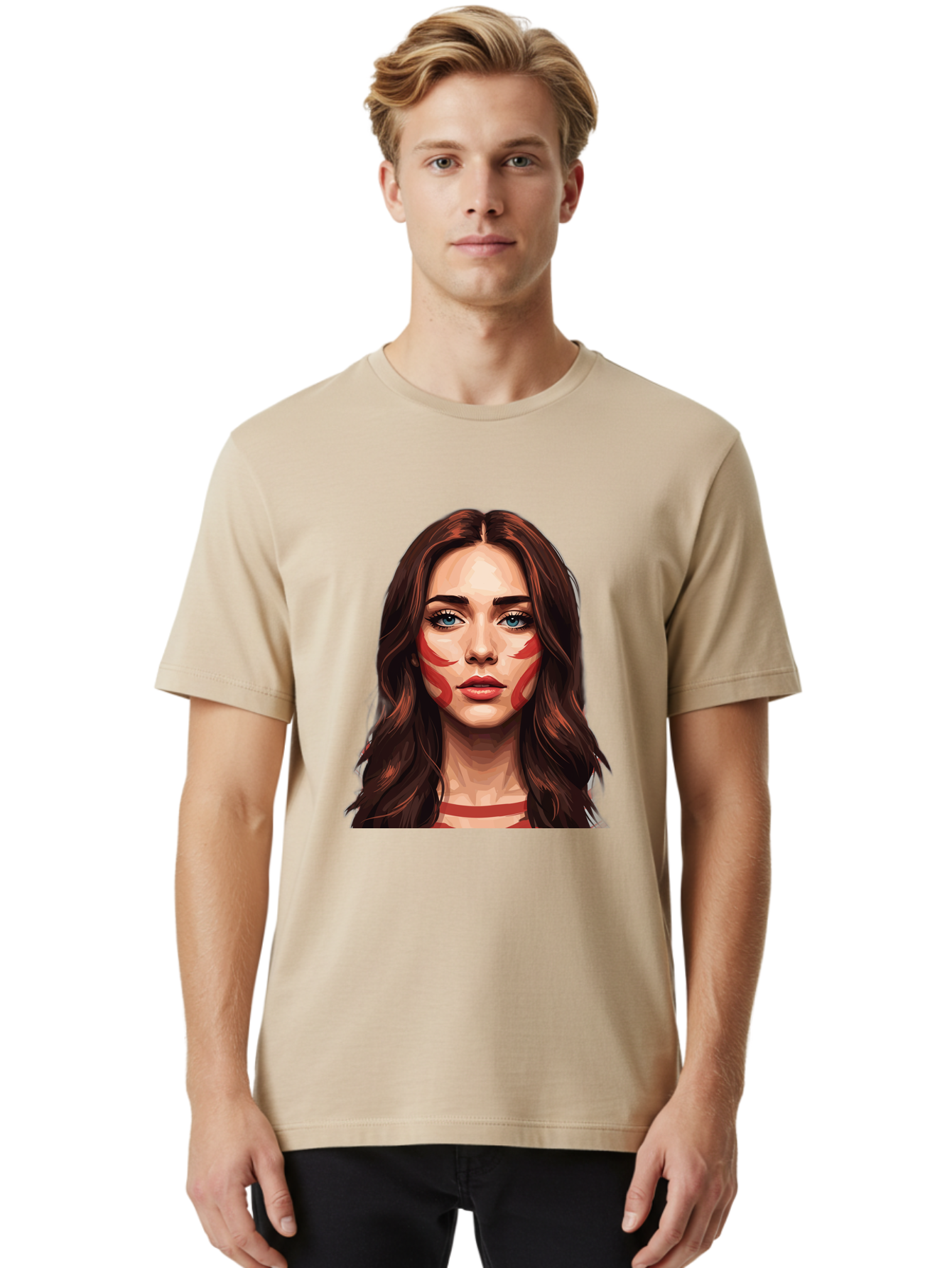 Red-Warrior-Woman Men'S Graphic Tee, 100% Cotton, Comfortable Casual Summer Wear, Machine Washable, Digital Art, Portrait Of A Woman, Red Stripes On Face, Blue Eyes, Long Brown Hair, Red Choker, Bold Makeup, Artistic Expression, Bad487