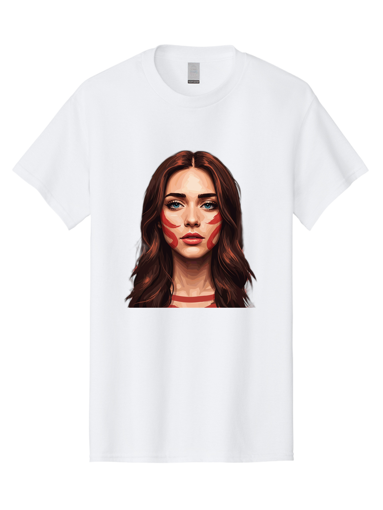 Red-Warrior-Woman Men'S Graphic Tee, 100% Cotton, Comfortable Casual Summer Wear, Machine Washable, Digital Art, Portrait Of A Woman, Red Stripes On Face, Blue Eyes, Long Brown Hair, Red Choker, Bold Makeup, Artistic Expression, Bad487