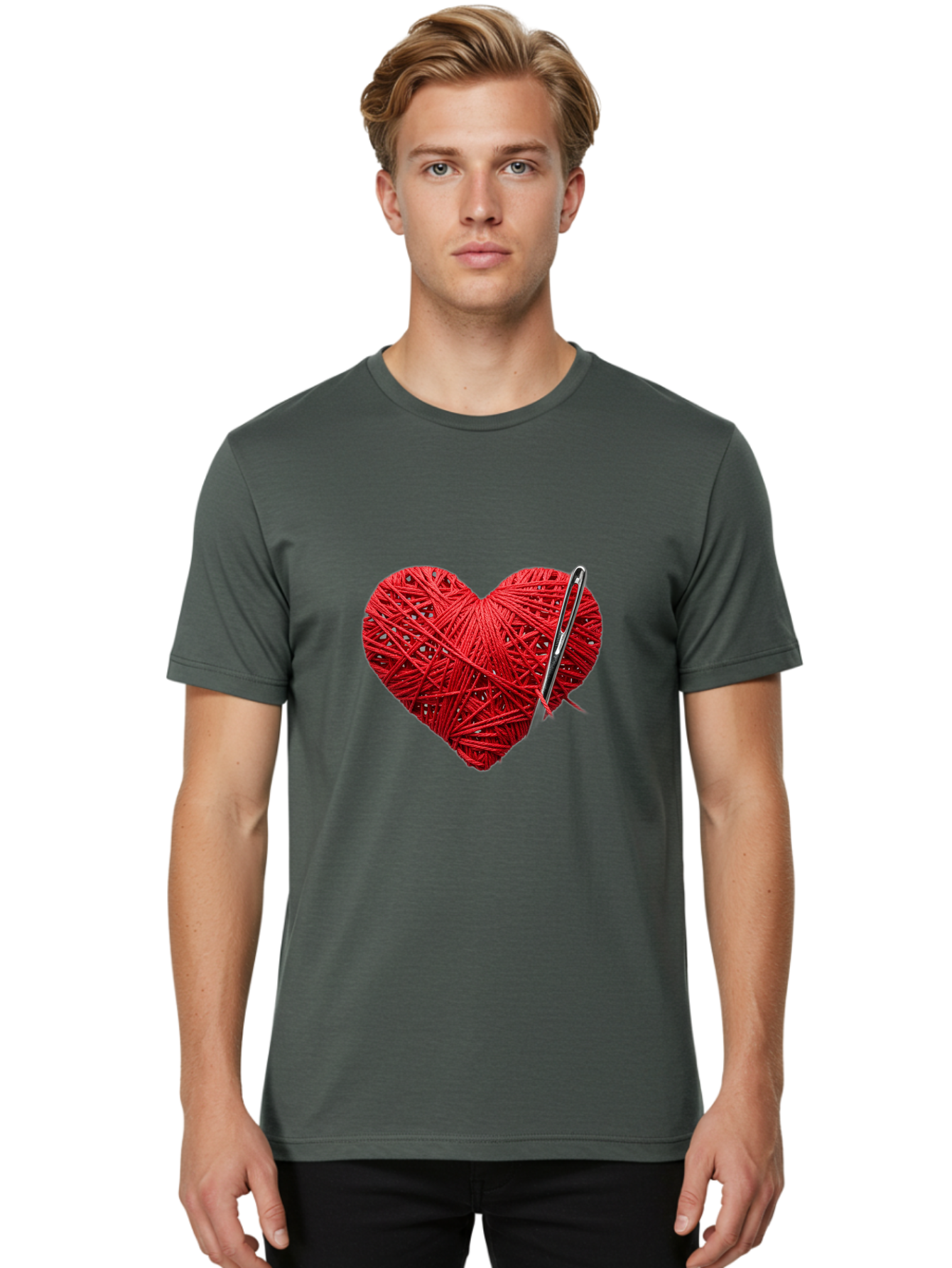Red-Yarn-Heart Men'S Graphic Tee, 100% Cotton, Comfortable Casual Summer Wear, Machine Washable, Heart Made Of Red Yarn, Knitting Needle, Creative Craft, Handmade Love, Diy Project, Cozy Atmosphere, Knitting Hobby Bad488