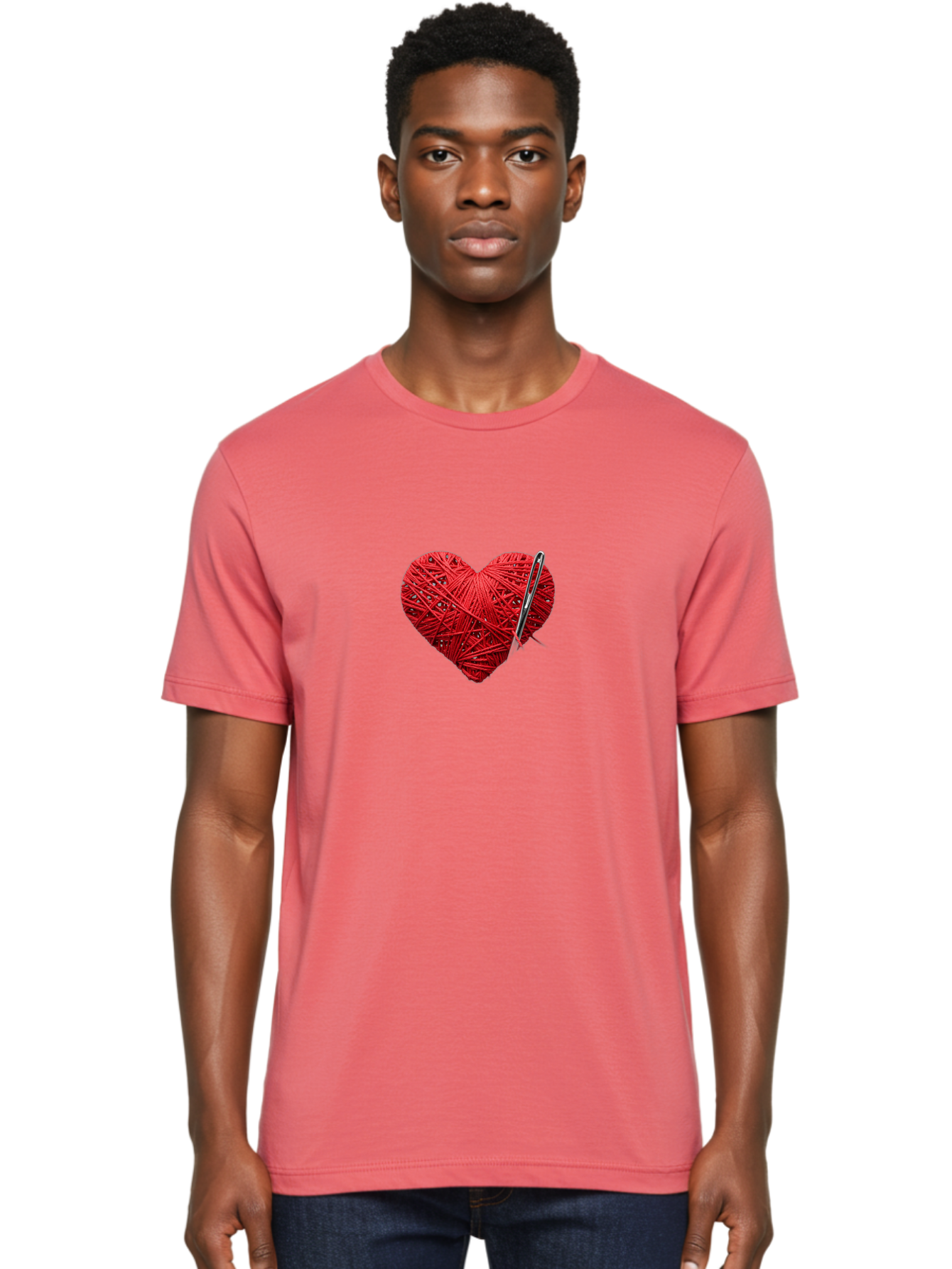 Red-Yarn-Heart Men'S Graphic Tee, 100% Cotton, Comfortable Casual Summer Wear, Machine Washable, Heart Made Of Red Yarn, Knitting Needle, Creative Craft, Handmade Love, Diy Project, Cozy Atmosphere, Knitting Hobby Bad488