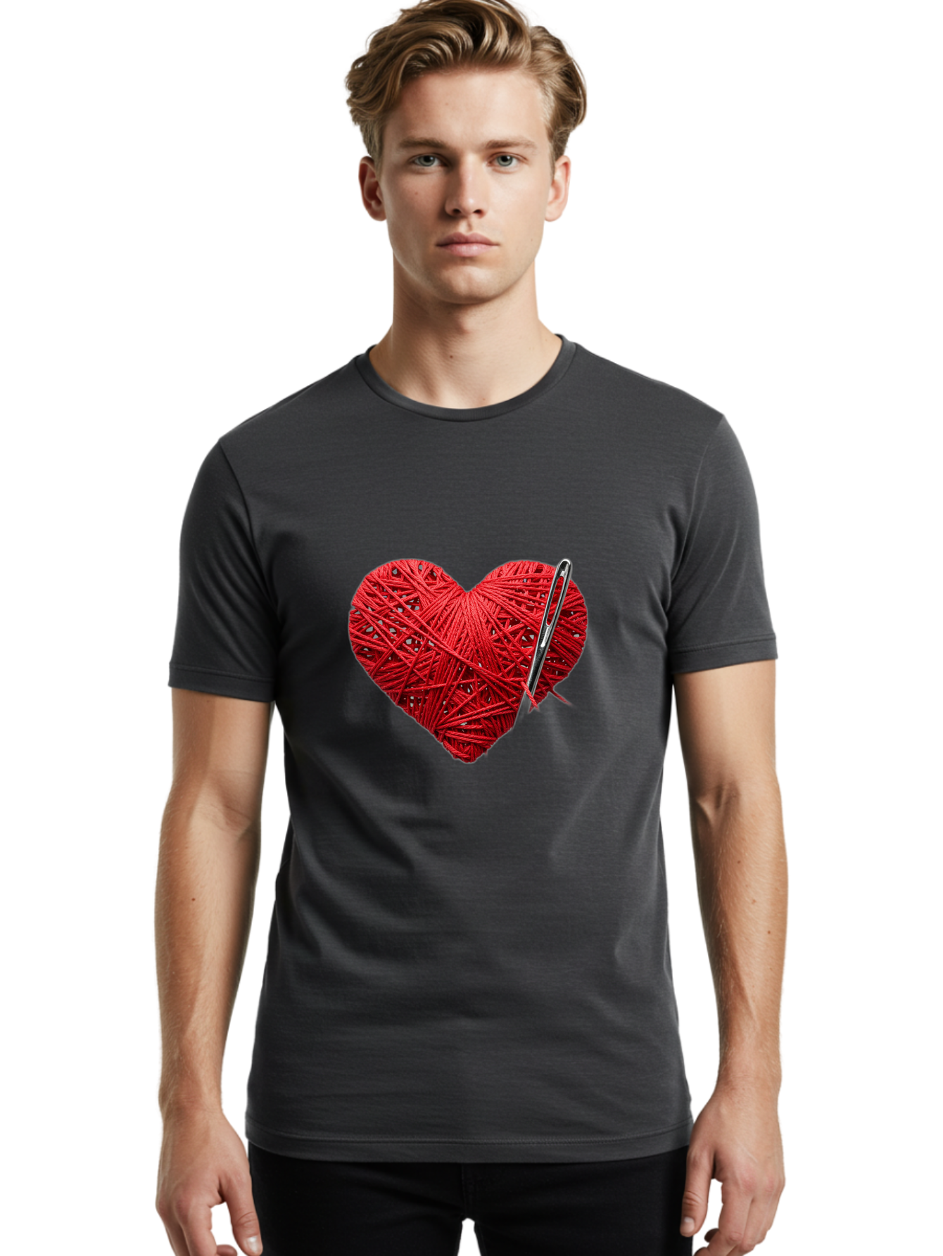 Red-Yarn-Heart Men'S Graphic Tee, 100% Cotton, Comfortable Casual Summer Wear, Machine Washable, Heart Made Of Red Yarn, Knitting Needle, Creative Craft, Handmade Love, Diy Project, Cozy Atmosphere, Knitting Hobby Bad488