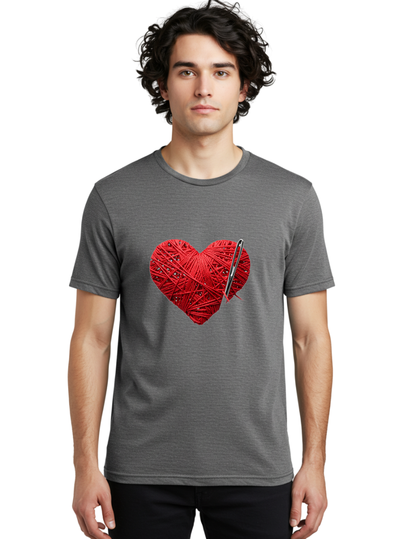 Red-Yarn-Heart Men'S Graphic Tee, 100% Cotton, Comfortable Casual Summer Wear, Machine Washable, Heart Made Of Red Yarn, Knitting Needle, Creative Craft, Handmade Love, Diy Project, Cozy Atmosphere, Knitting Hobby Bad488