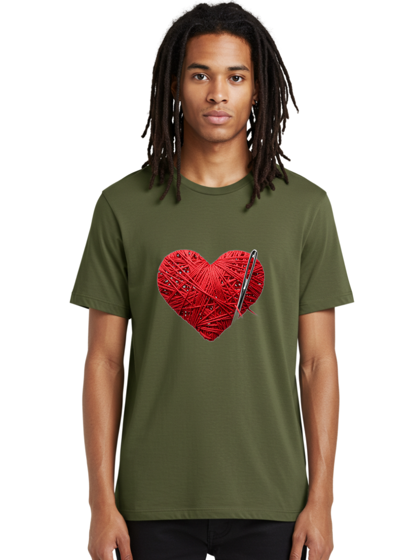 Red-Yarn-Heart Men'S Graphic Tee, 100% Cotton, Comfortable Casual Summer Wear, Machine Washable, Heart Made Of Red Yarn, Knitting Needle, Creative Craft, Handmade Love, Diy Project, Cozy Atmosphere, Knitting Hobby Bad488