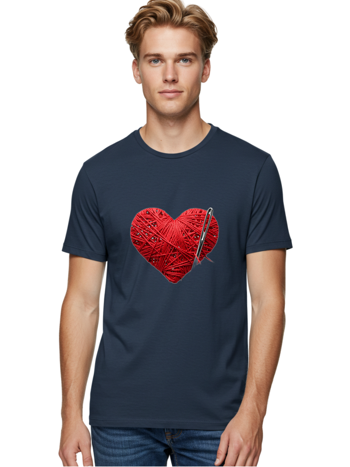 Red-Yarn-Heart Men'S Graphic Tee, 100% Cotton, Comfortable Casual Summer Wear, Machine Washable, Heart Made Of Red Yarn, Knitting Needle, Creative Craft, Handmade Love, Diy Project, Cozy Atmosphere, Knitting Hobby Bad488