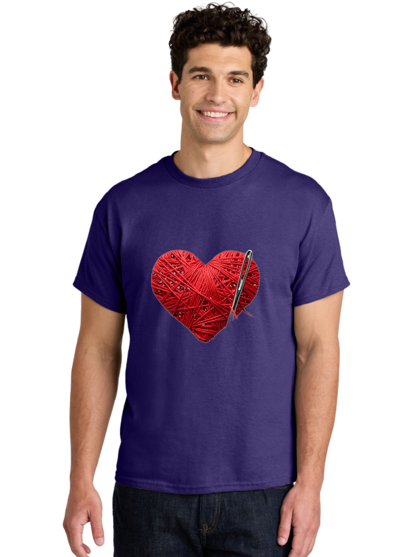 Red-Yarn-Heart Men'S Graphic Tee, 100% Cotton, Comfortable Casual Summer Wear, Machine Washable, Heart Made Of Red Yarn, Knitting Needle, Creative Craft, Handmade Love, Diy Project, Cozy Atmosphere, Knitting Hobby Bad488