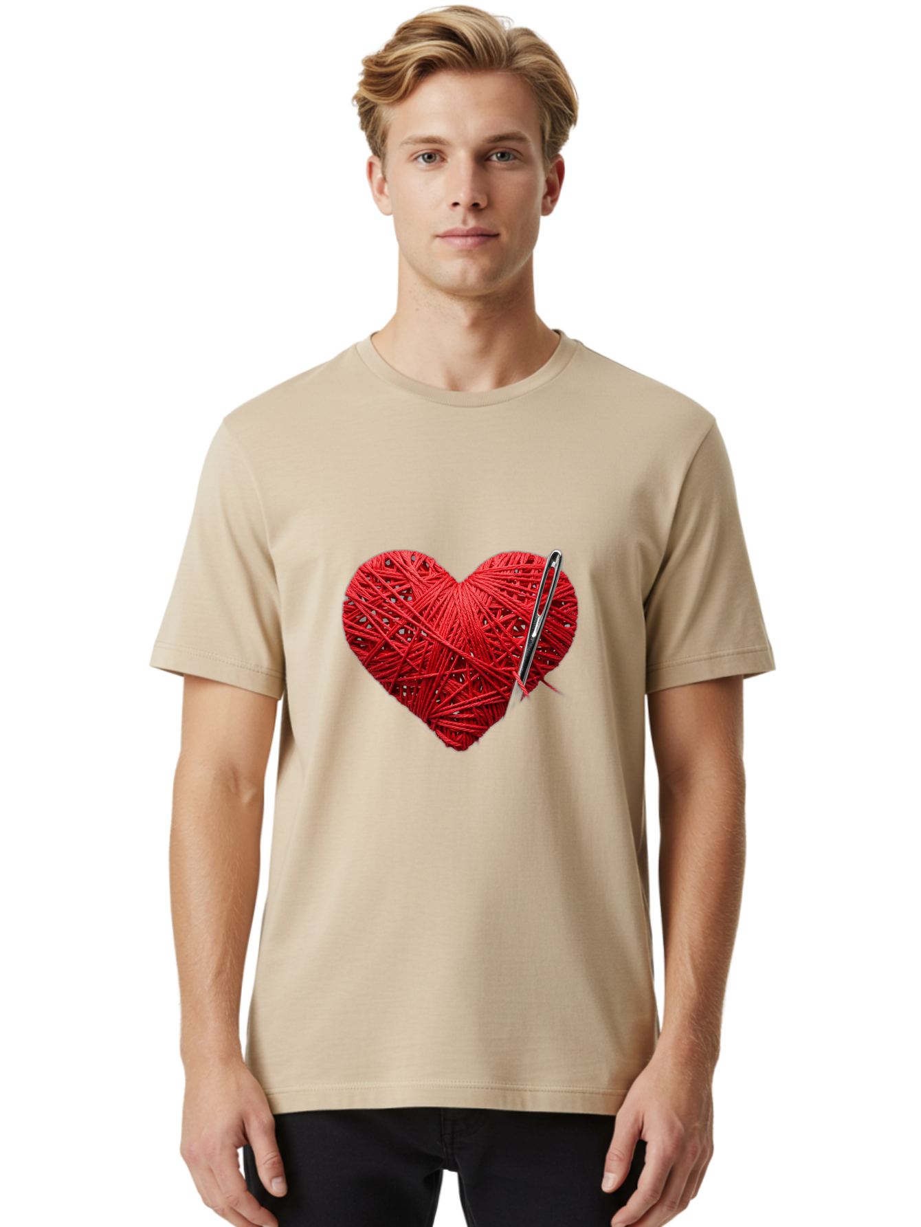 Red-Yarn-Heart Men'S Graphic Tee, 100% Cotton, Comfortable Casual Summer Wear, Machine Washable, Heart Made Of Red Yarn, Knitting Needle, Creative Craft, Handmade Love, Diy Project, Cozy Atmosphere, Knitting Hobby Bad488