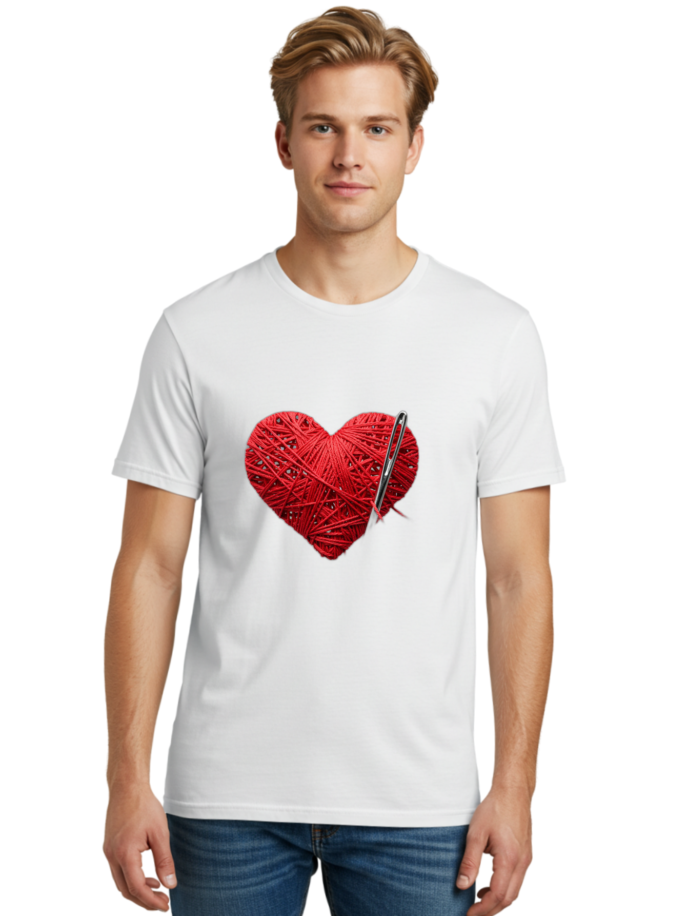 Red-Yarn-Heart Men'S Graphic Tee, 100% Cotton, Comfortable Casual Summer Wear, Machine Washable, Heart Made Of Red Yarn, Knitting Needle, Creative Craft, Handmade Love, Diy Project, Cozy Atmosphere, Knitting Hobby Bad488