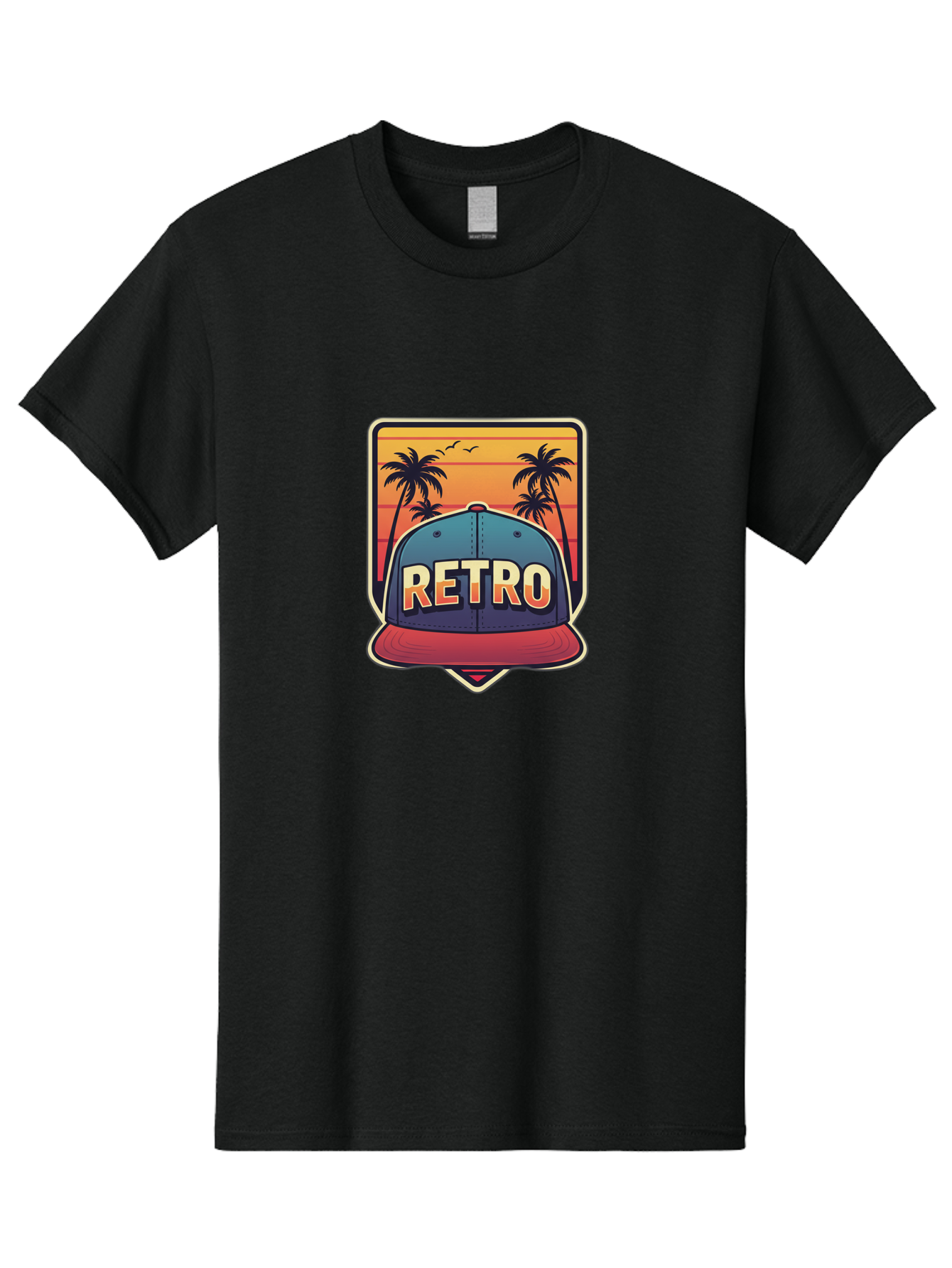 Retro Men'S Graphic Tee, 100% Cotton, Comfortable Casual Summer Wear, Machine Washable, Retro Style Baseball Cap, Vintage Fashion, Nostalgic Design, Palm Trees, Sunset Landscape, Orange Sky, Yellow Text, Red Brim, Blue Cap, Classic Look, Bad489