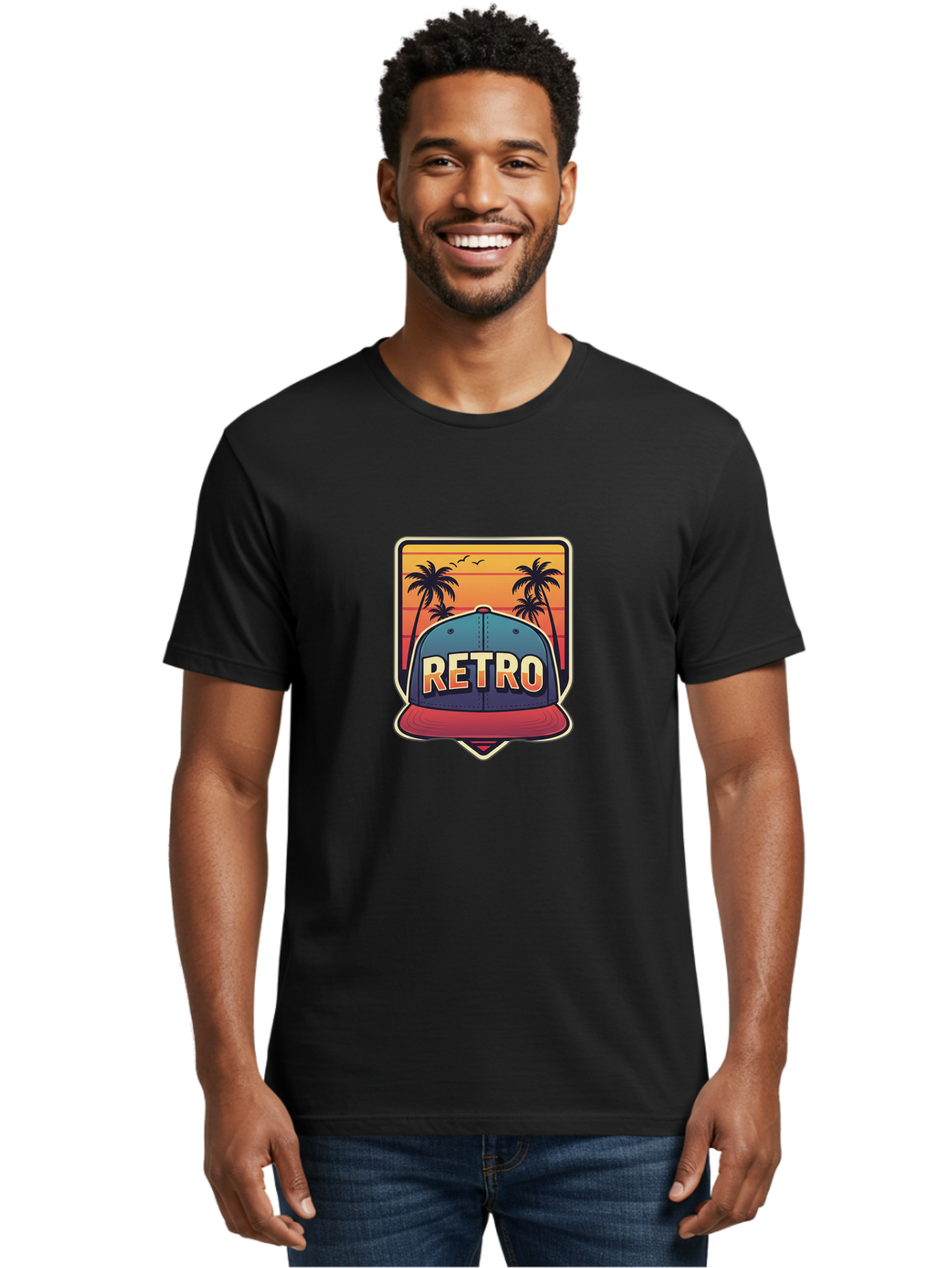Retro Men'S Graphic Tee, 100% Cotton, Comfortable Casual Summer Wear, Machine Washable, Retro Style Baseball Cap, Vintage Fashion, Nostalgic Design, Palm Trees, Sunset Landscape, Orange Sky, Yellow Text, Red Brim, Blue Cap, Classic Look, Bad489