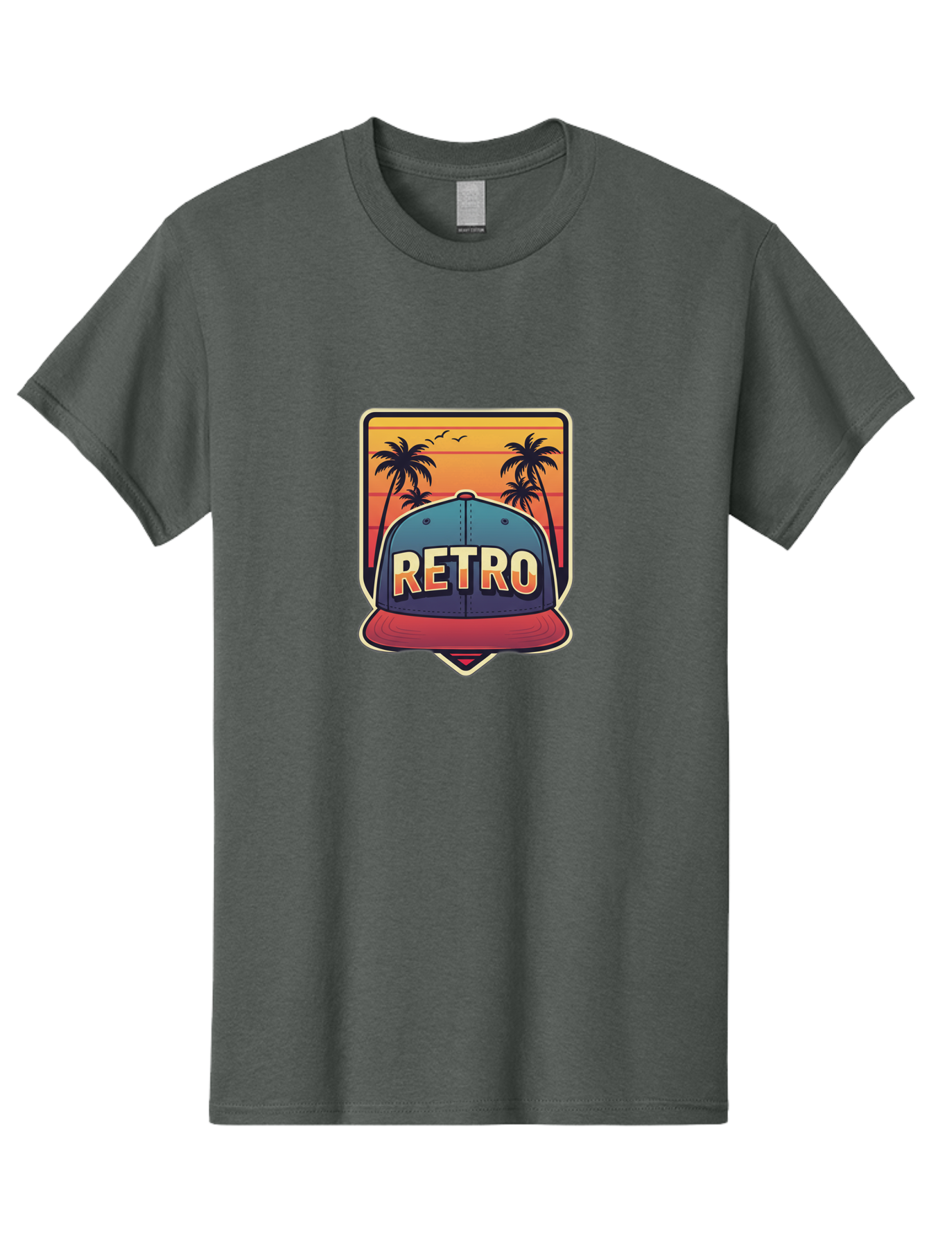 Retro Men'S Graphic Tee, 100% Cotton, Comfortable Casual Summer Wear, Machine Washable, Retro Style Baseball Cap, Vintage Fashion, Nostalgic Design, Palm Trees, Sunset Landscape, Orange Sky, Yellow Text, Red Brim, Blue Cap, Classic Look, Bad489