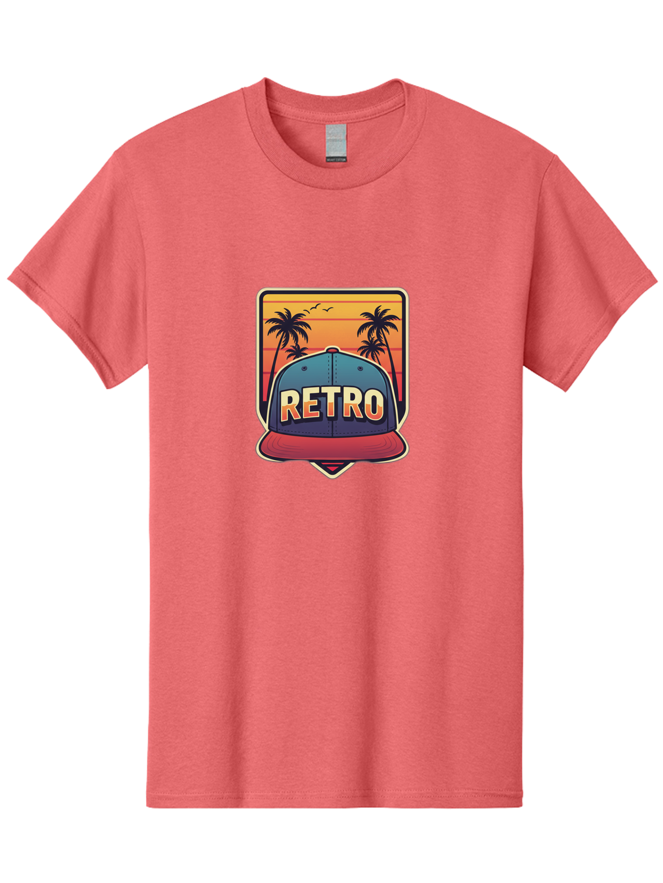 Retro Men'S Graphic Tee, 100% Cotton, Comfortable Casual Summer Wear, Machine Washable, Retro Style Baseball Cap, Vintage Fashion, Nostalgic Design, Palm Trees, Sunset Landscape, Orange Sky, Yellow Text, Red Brim, Blue Cap, Classic Look, Bad489