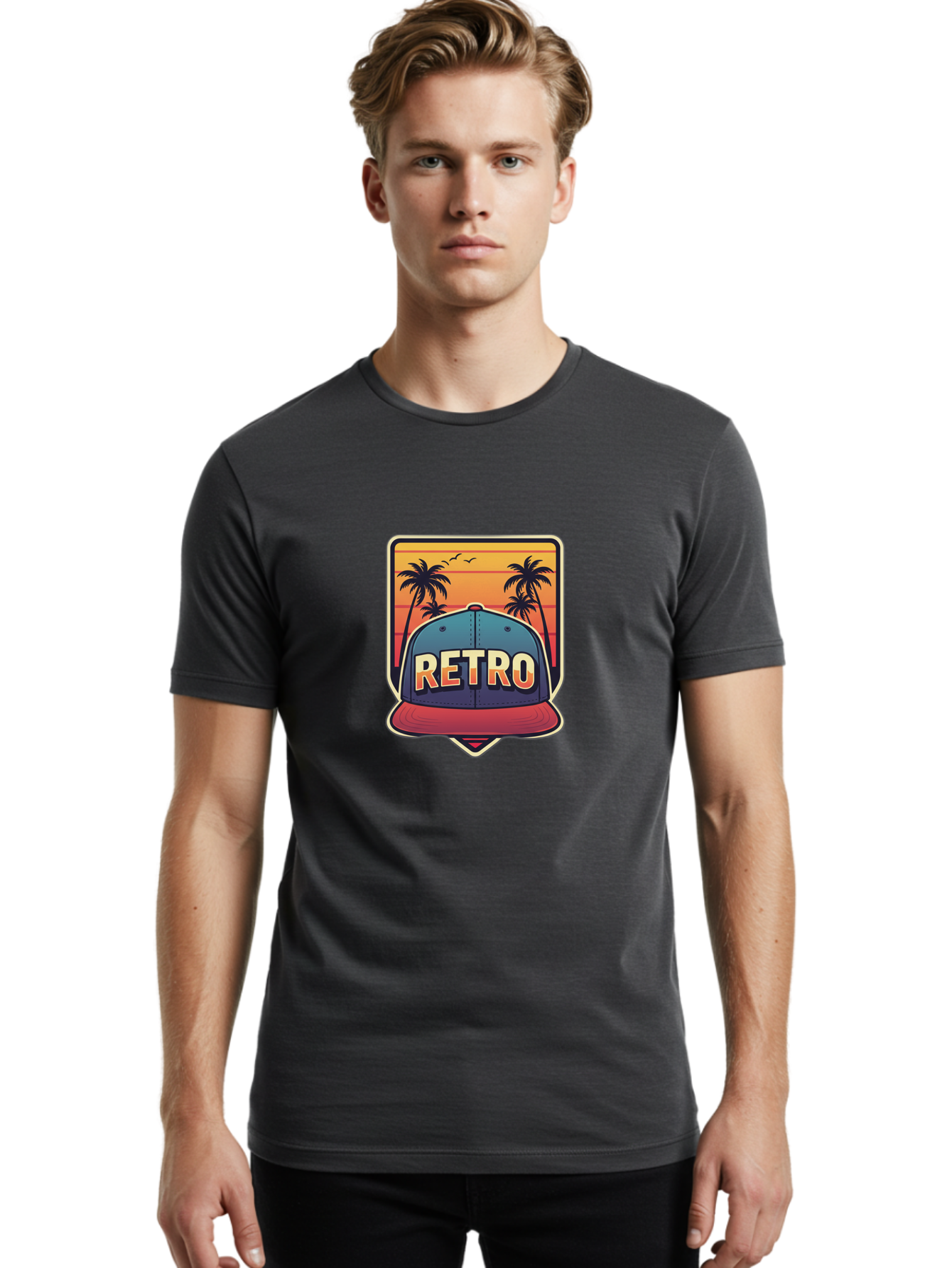 Retro Men'S Graphic Tee, 100% Cotton, Comfortable Casual Summer Wear, Machine Washable, Retro Style Baseball Cap, Vintage Fashion, Nostalgic Design, Palm Trees, Sunset Landscape, Orange Sky, Yellow Text, Red Brim, Blue Cap, Classic Look, Bad489