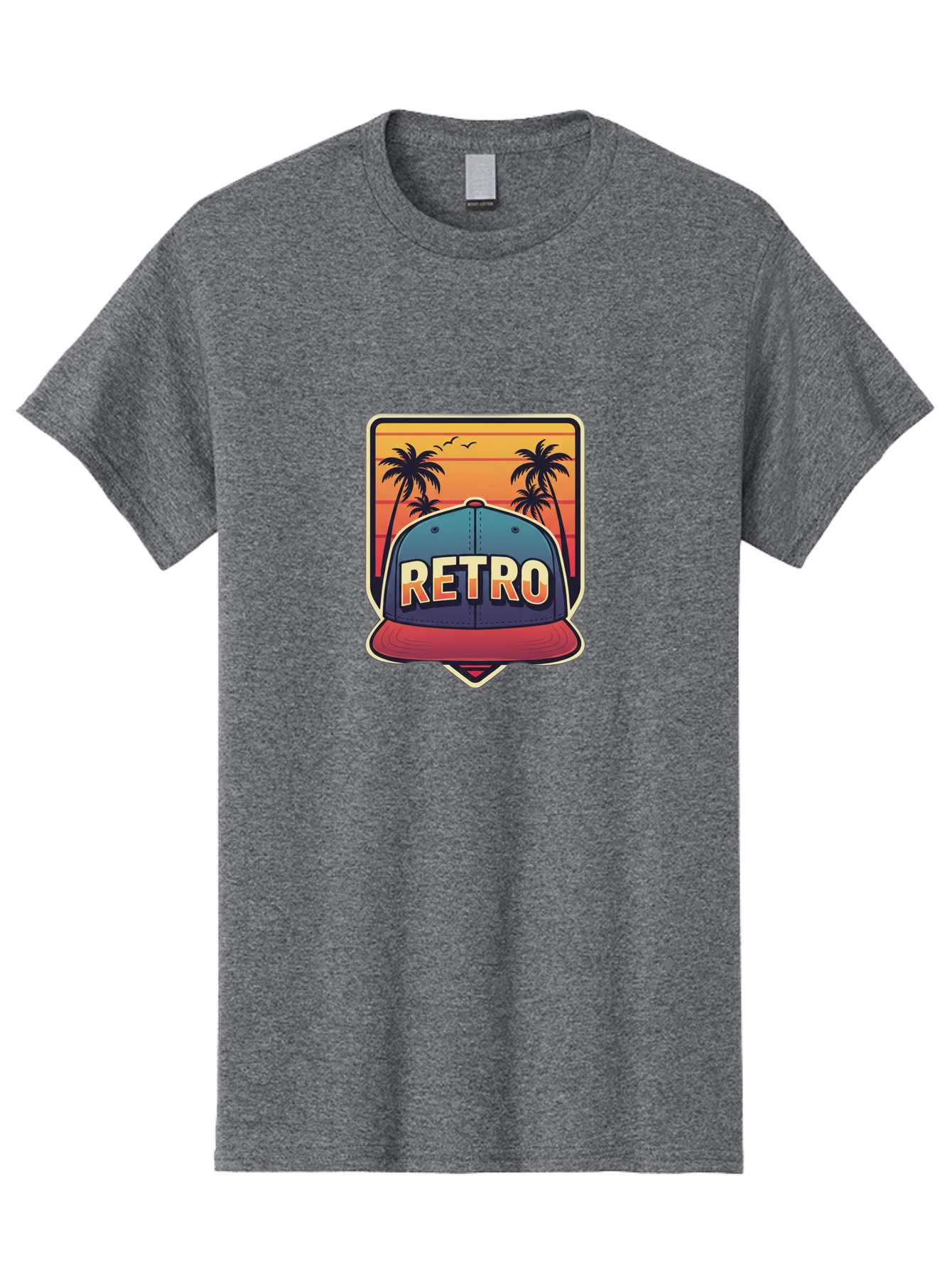 Retro Men'S Graphic Tee, 100% Cotton, Comfortable Casual Summer Wear, Machine Washable, Retro Style Baseball Cap, Vintage Fashion, Nostalgic Design, Palm Trees, Sunset Landscape, Orange Sky, Yellow Text, Red Brim, Blue Cap, Classic Look, Bad489