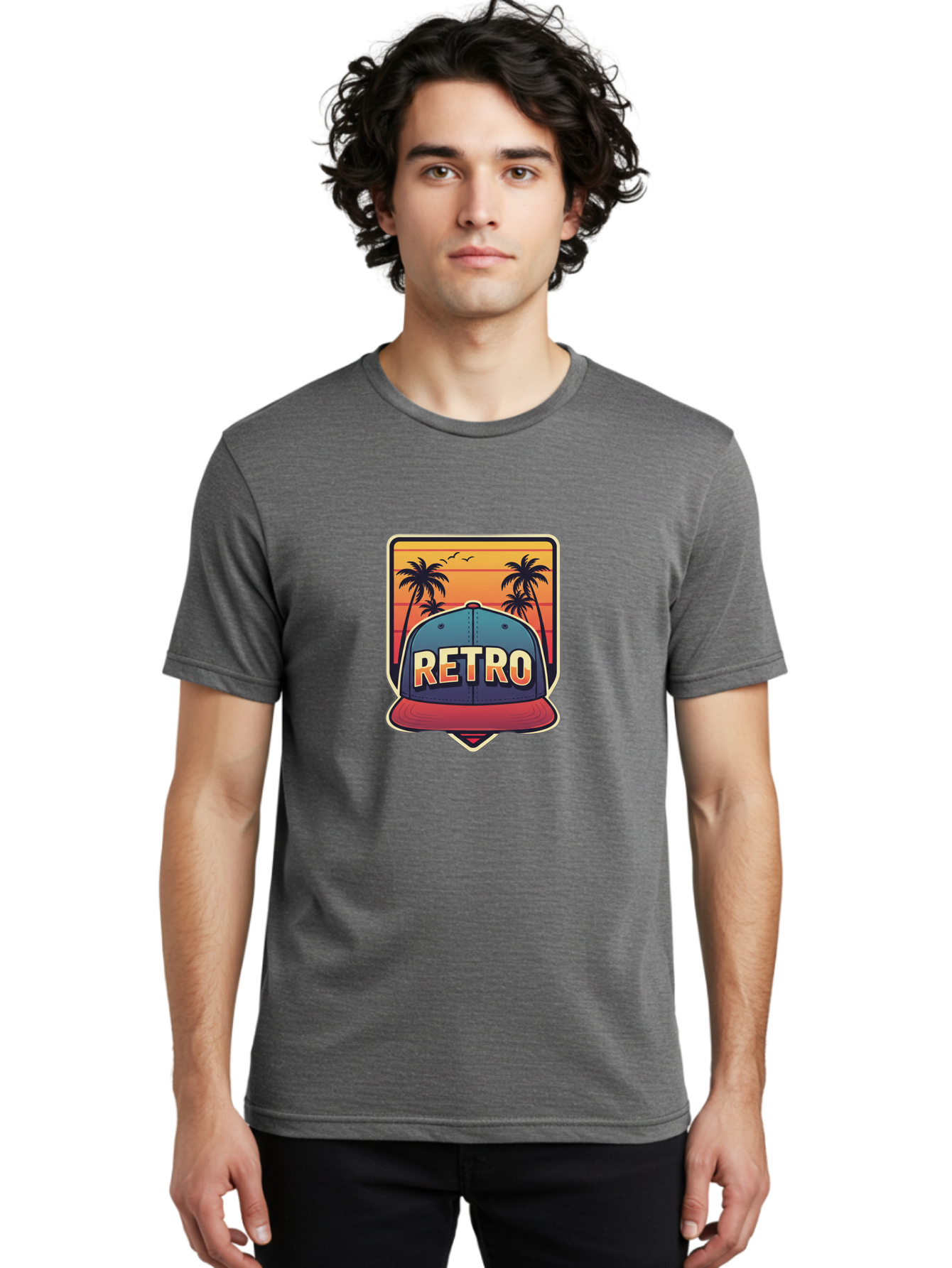 Retro Men'S Graphic Tee, 100% Cotton, Comfortable Casual Summer Wear, Machine Washable, Retro Style Baseball Cap, Vintage Fashion, Nostalgic Design, Palm Trees, Sunset Landscape, Orange Sky, Yellow Text, Red Brim, Blue Cap, Classic Look, Bad489