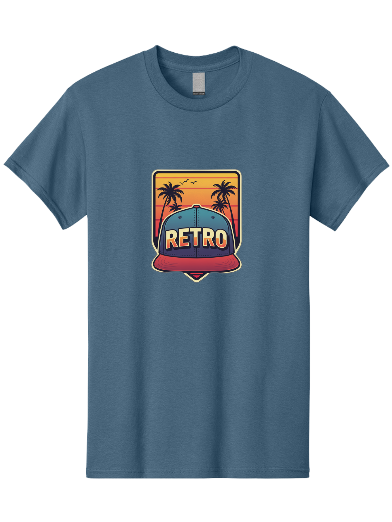 Retro Men'S Graphic Tee, 100% Cotton, Comfortable Casual Summer Wear, Machine Washable, Retro Style Baseball Cap, Vintage Fashion, Nostalgic Design, Palm Trees, Sunset Landscape, Orange Sky, Yellow Text, Red Brim, Blue Cap, Classic Look, Bad489