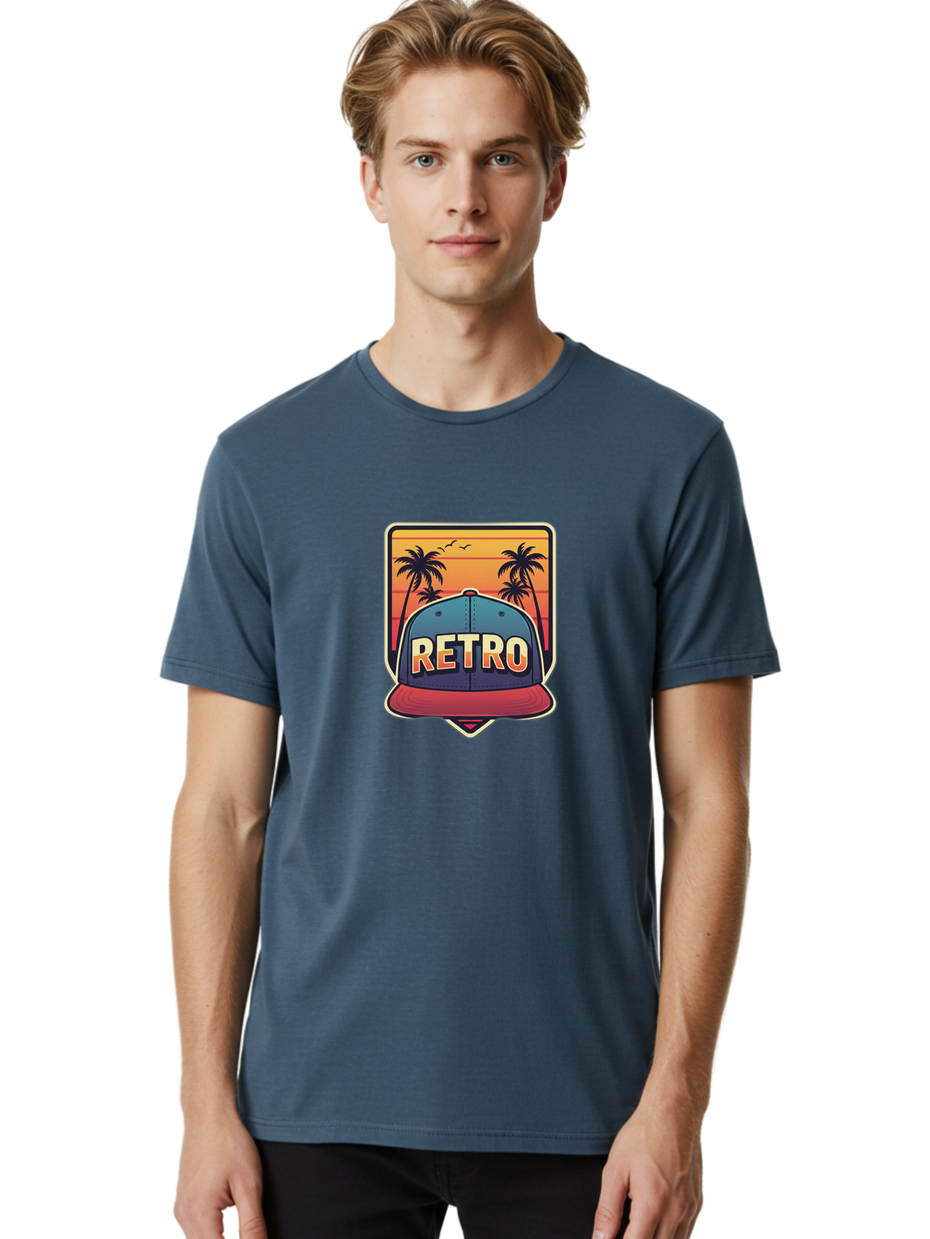 Retro Men'S Graphic Tee, 100% Cotton, Comfortable Casual Summer Wear, Machine Washable, Retro Style Baseball Cap, Vintage Fashion, Nostalgic Design, Palm Trees, Sunset Landscape, Orange Sky, Yellow Text, Red Brim, Blue Cap, Classic Look, Bad489