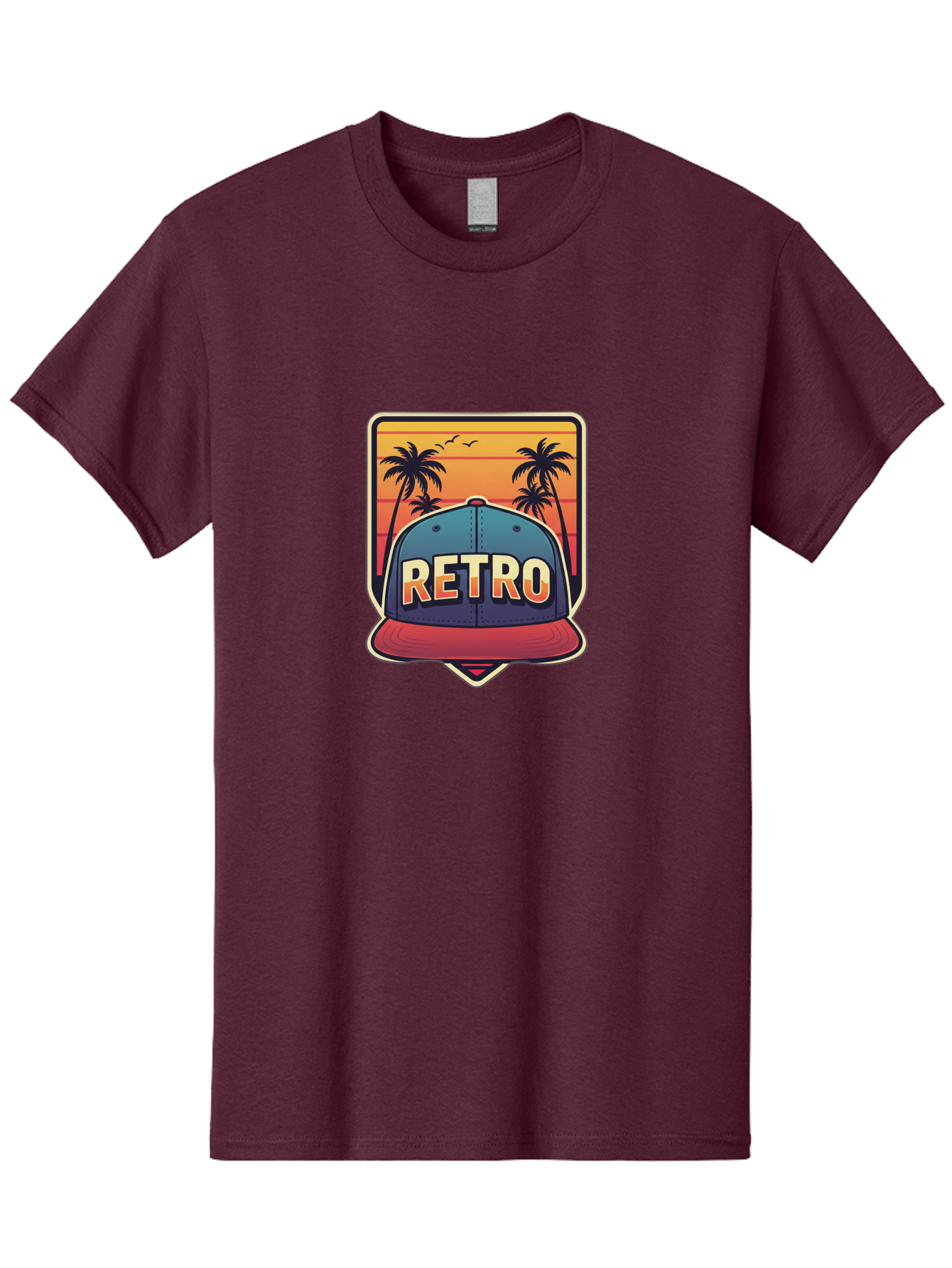 Retro Men'S Graphic Tee, 100% Cotton, Comfortable Casual Summer Wear, Machine Washable, Retro Style Baseball Cap, Vintage Fashion, Nostalgic Design, Palm Trees, Sunset Landscape, Orange Sky, Yellow Text, Red Brim, Blue Cap, Classic Look, Bad489