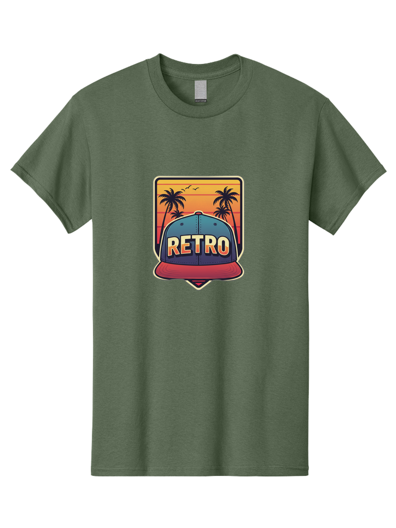 Retro Men'S Graphic Tee, 100% Cotton, Comfortable Casual Summer Wear, Machine Washable, Retro Style Baseball Cap, Vintage Fashion, Nostalgic Design, Palm Trees, Sunset Landscape, Orange Sky, Yellow Text, Red Brim, Blue Cap, Classic Look, Bad489