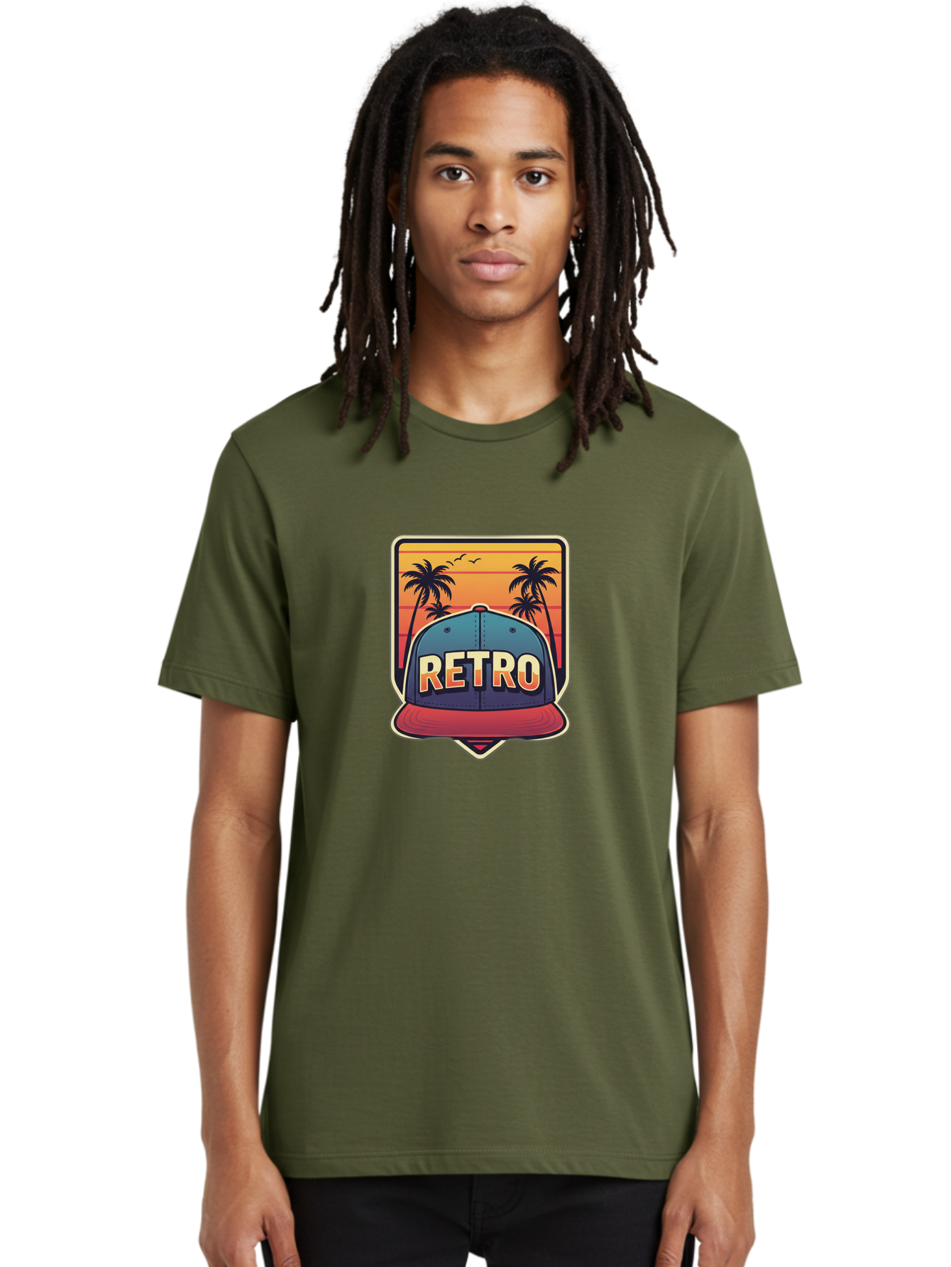Retro Men'S Graphic Tee, 100% Cotton, Comfortable Casual Summer Wear, Machine Washable, Retro Style Baseball Cap, Vintage Fashion, Nostalgic Design, Palm Trees, Sunset Landscape, Orange Sky, Yellow Text, Red Brim, Blue Cap, Classic Look, Bad489