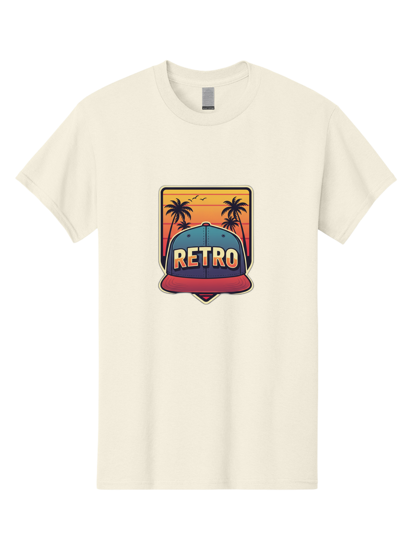Retro Men'S Graphic Tee, 100% Cotton, Comfortable Casual Summer Wear, Machine Washable, Retro Style Baseball Cap, Vintage Fashion, Nostalgic Design, Palm Trees, Sunset Landscape, Orange Sky, Yellow Text, Red Brim, Blue Cap, Classic Look, Bad489