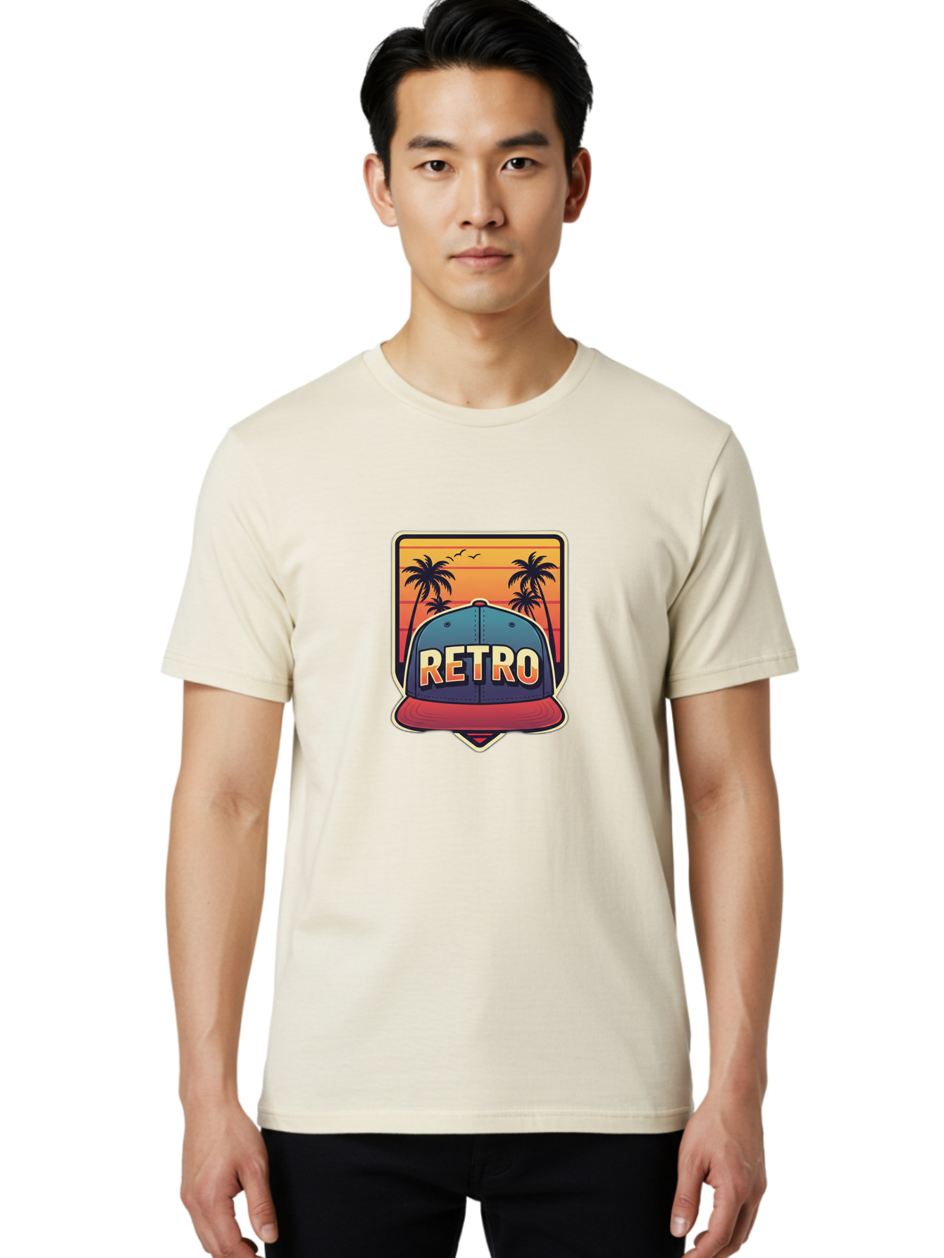 Retro Men'S Graphic Tee, 100% Cotton, Comfortable Casual Summer Wear, Machine Washable, Retro Style Baseball Cap, Vintage Fashion, Nostalgic Design, Palm Trees, Sunset Landscape, Orange Sky, Yellow Text, Red Brim, Blue Cap, Classic Look, Bad489