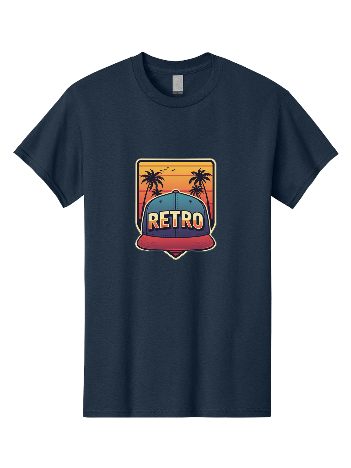 Retro Men'S Graphic Tee, 100% Cotton, Comfortable Casual Summer Wear, Machine Washable, Retro Style Baseball Cap, Vintage Fashion, Nostalgic Design, Palm Trees, Sunset Landscape, Orange Sky, Yellow Text, Red Brim, Blue Cap, Classic Look, Bad489