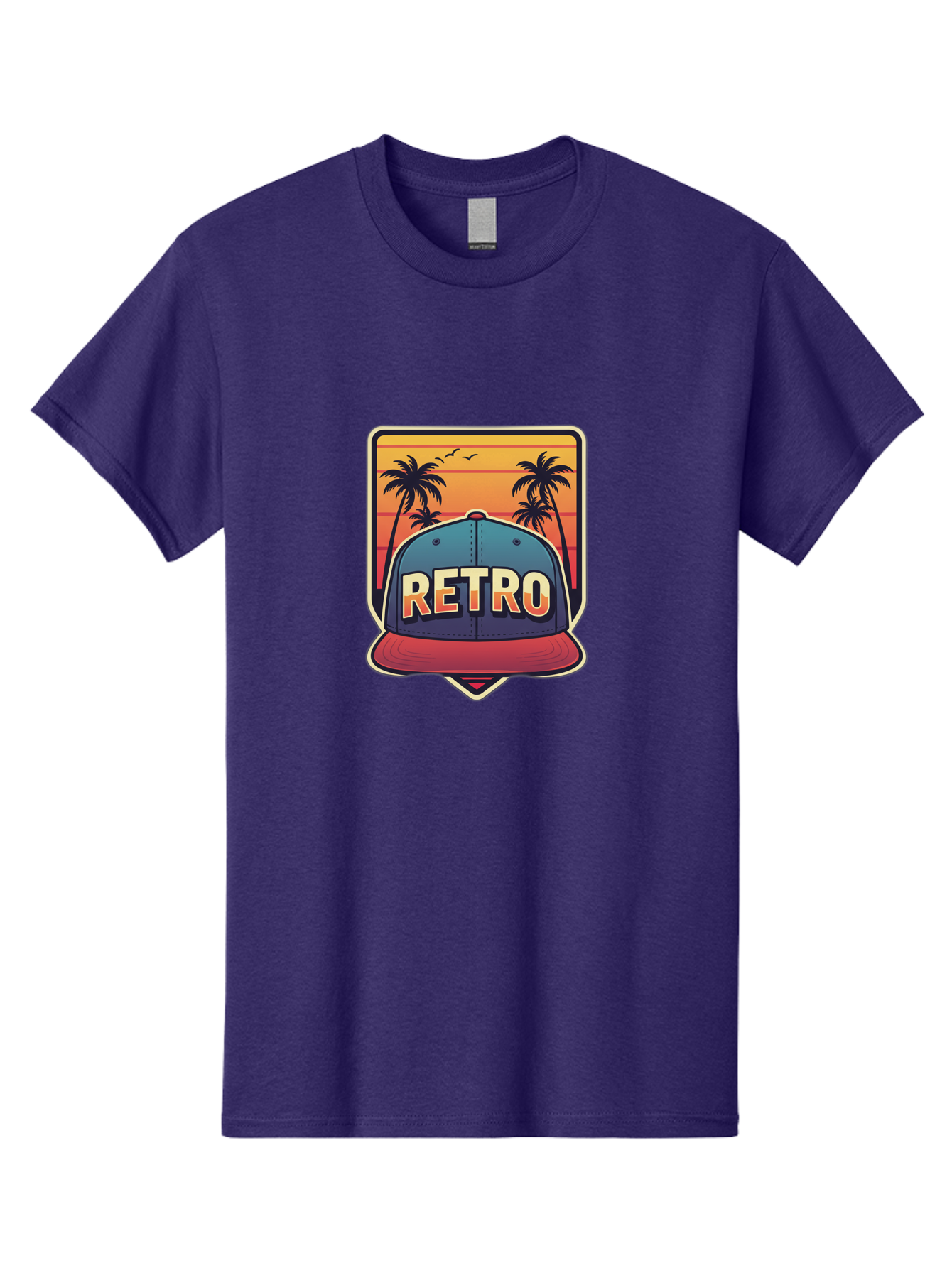 Retro Men'S Graphic Tee, 100% Cotton, Comfortable Casual Summer Wear, Machine Washable, Retro Style Baseball Cap, Vintage Fashion, Nostalgic Design, Palm Trees, Sunset Landscape, Orange Sky, Yellow Text, Red Brim, Blue Cap, Classic Look, Bad489